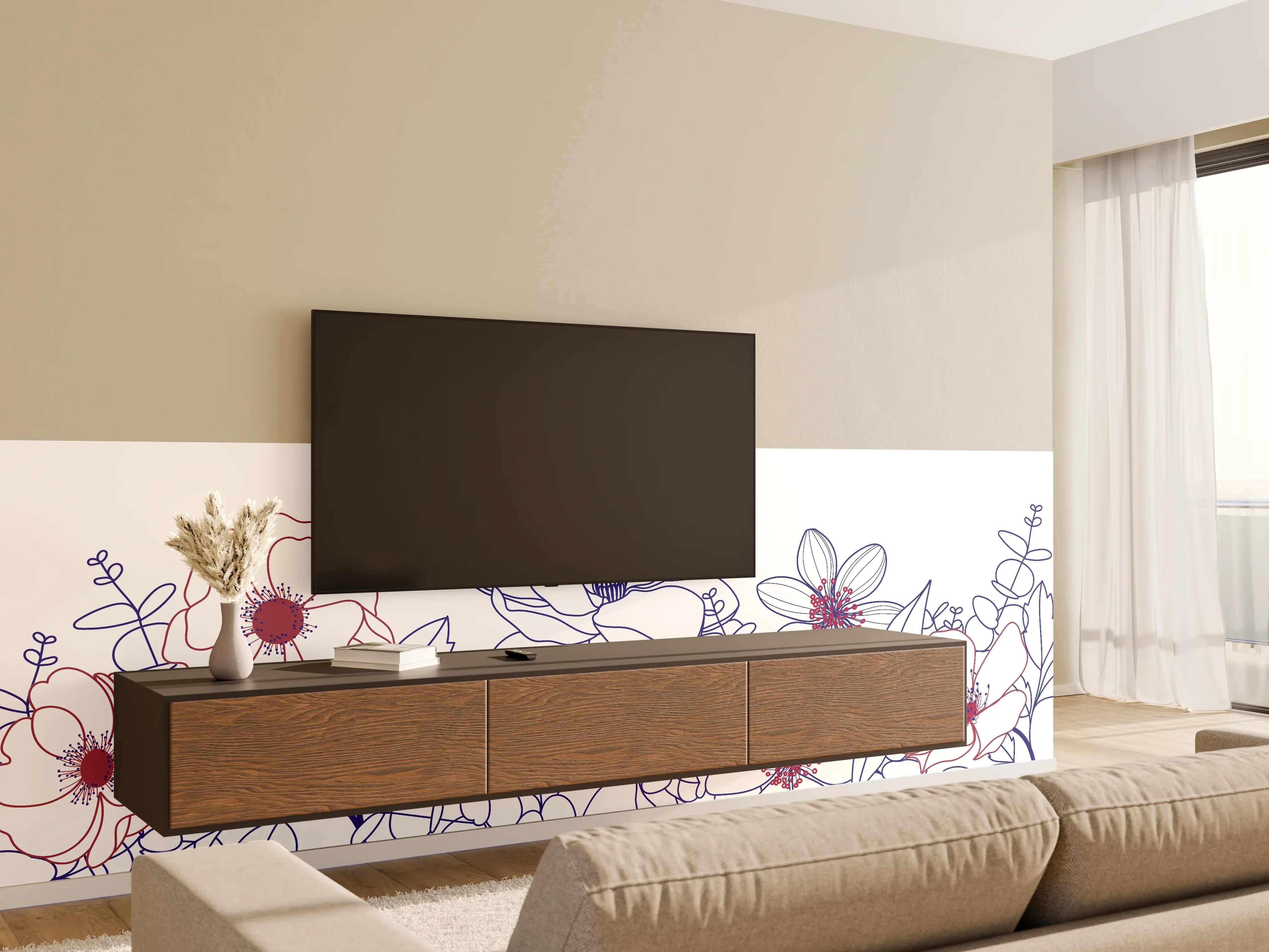 Wandverkleidung Wohnzimmer - Blumenstrauß Linienzeichnung Wanddekor