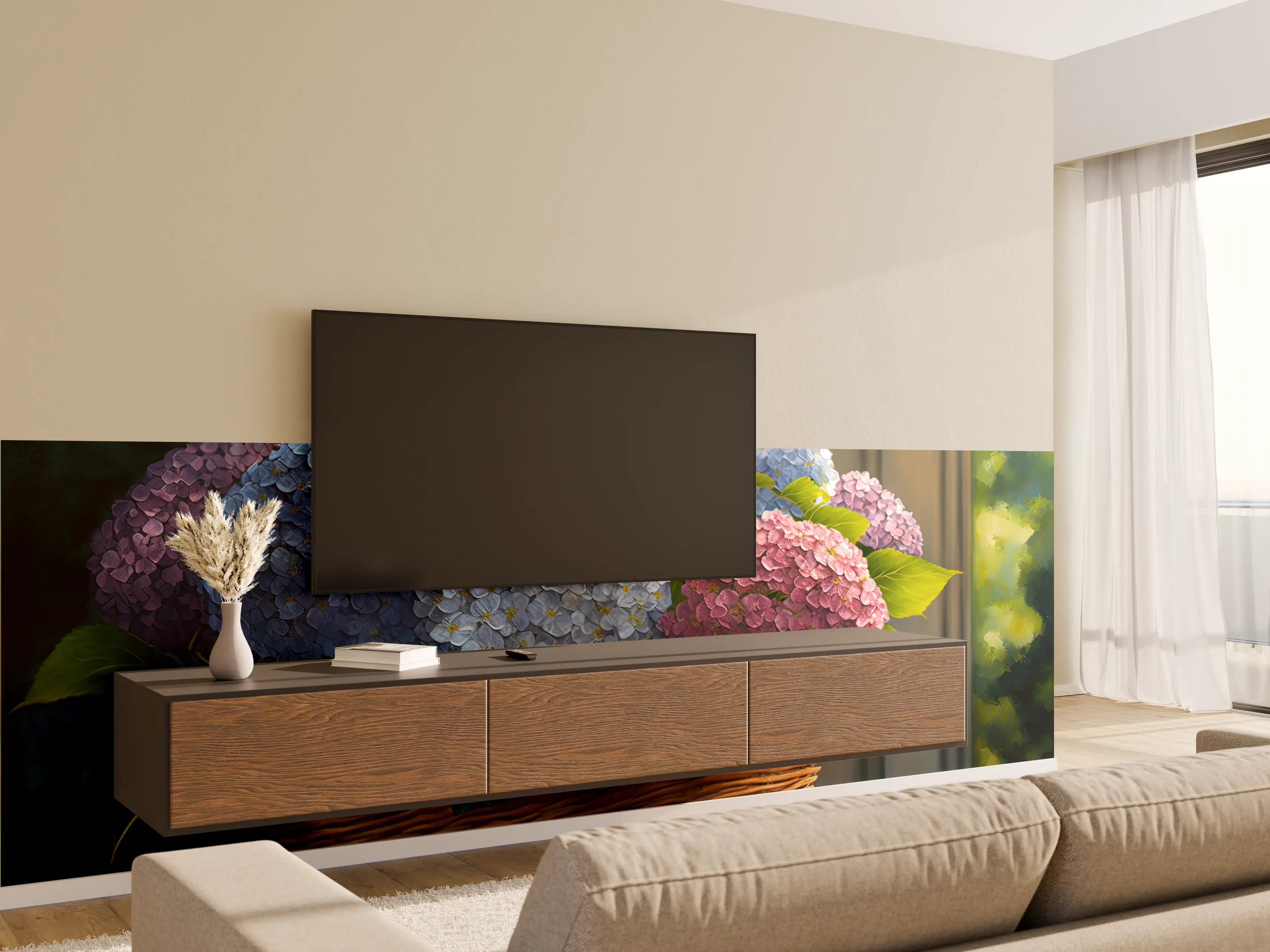 Wandverkleidung Wohnzimmer - Blumenstrauß aus Hortensien in Korb