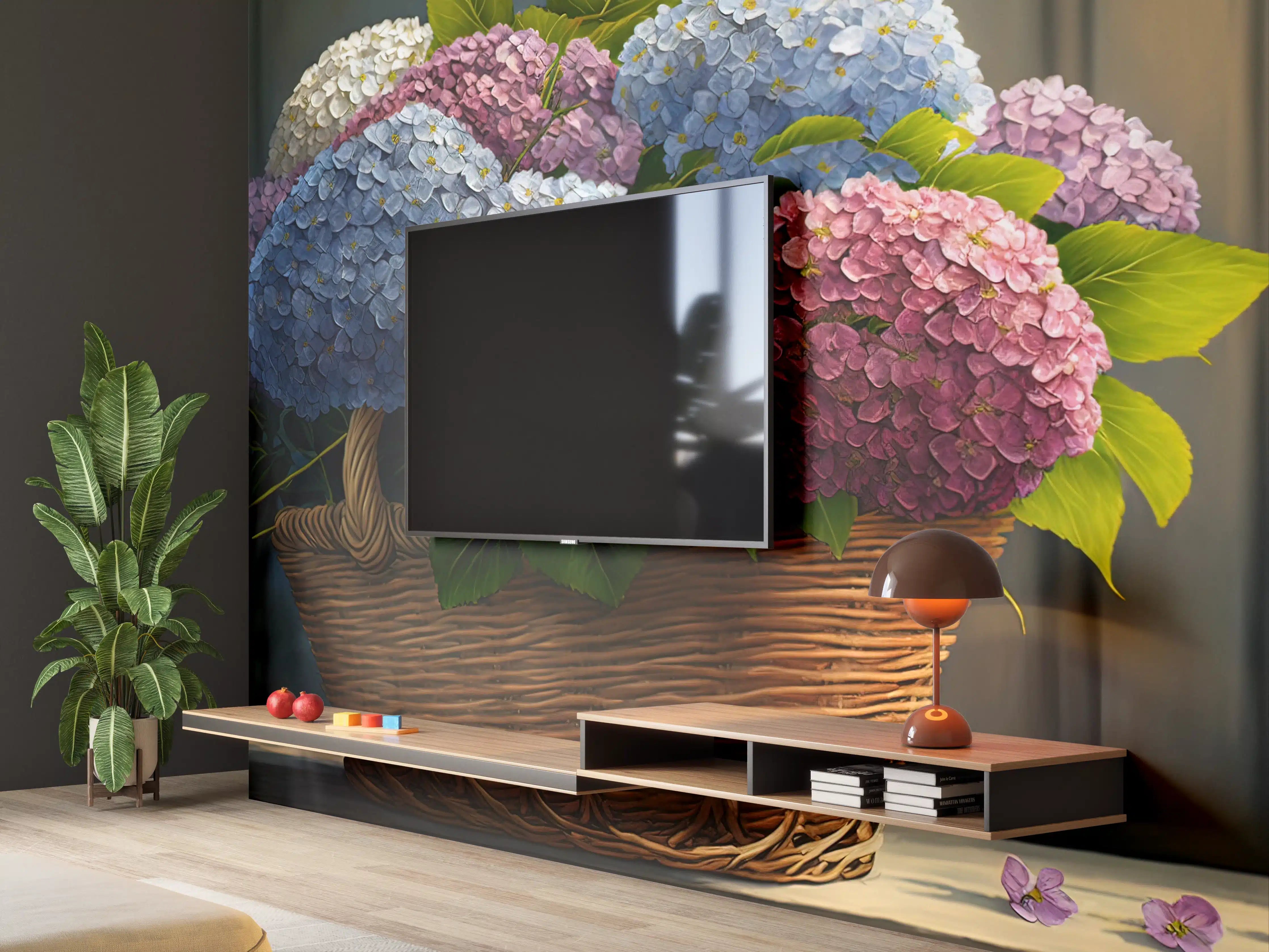 Wandverkleidung Wohnzimmer - Blumenstrauß aus Hortensien in Korb