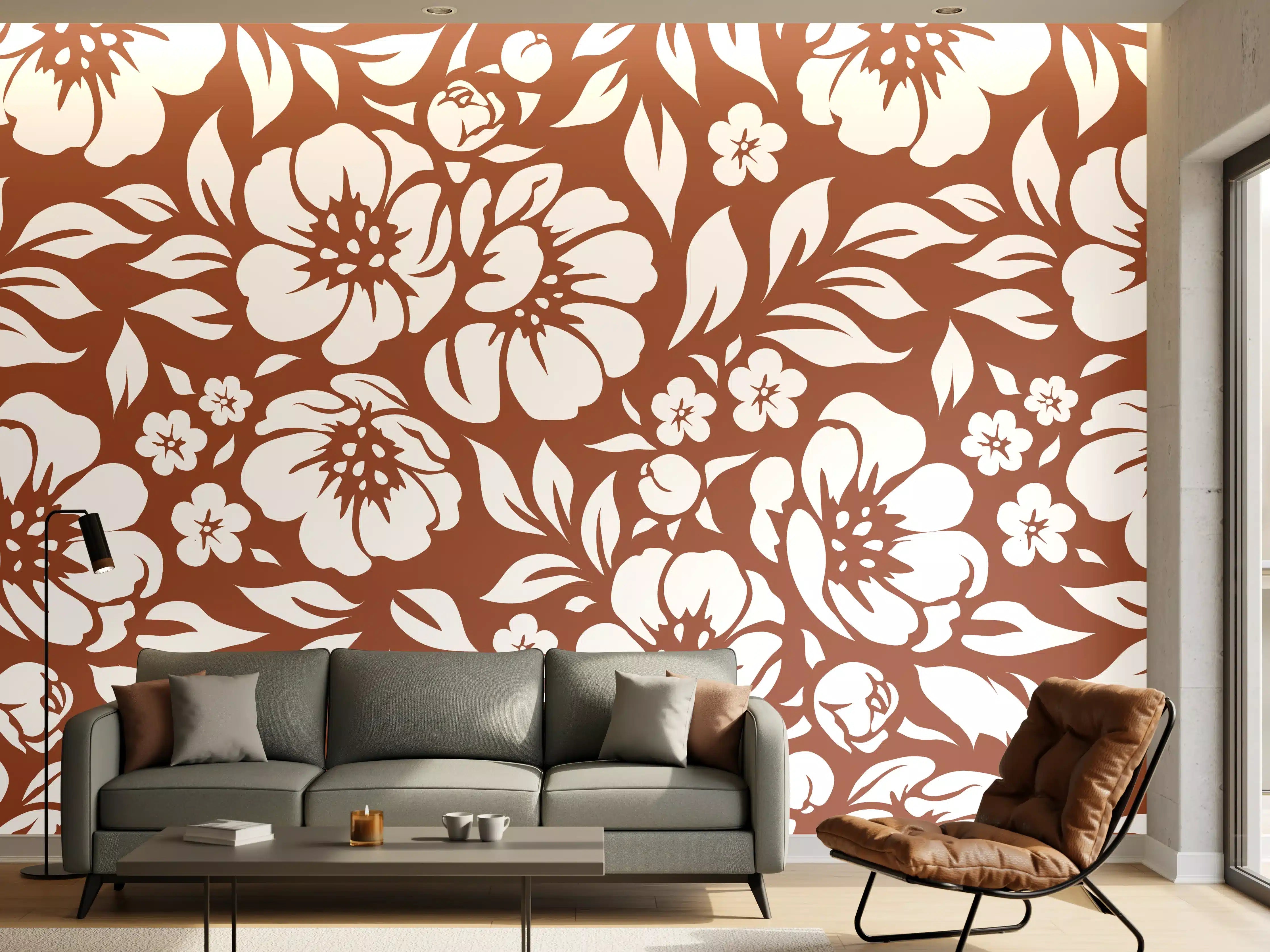 Wandverkleidung Wohnzimmer - Blumentapete mit floralen Muster in Braun und Weiß