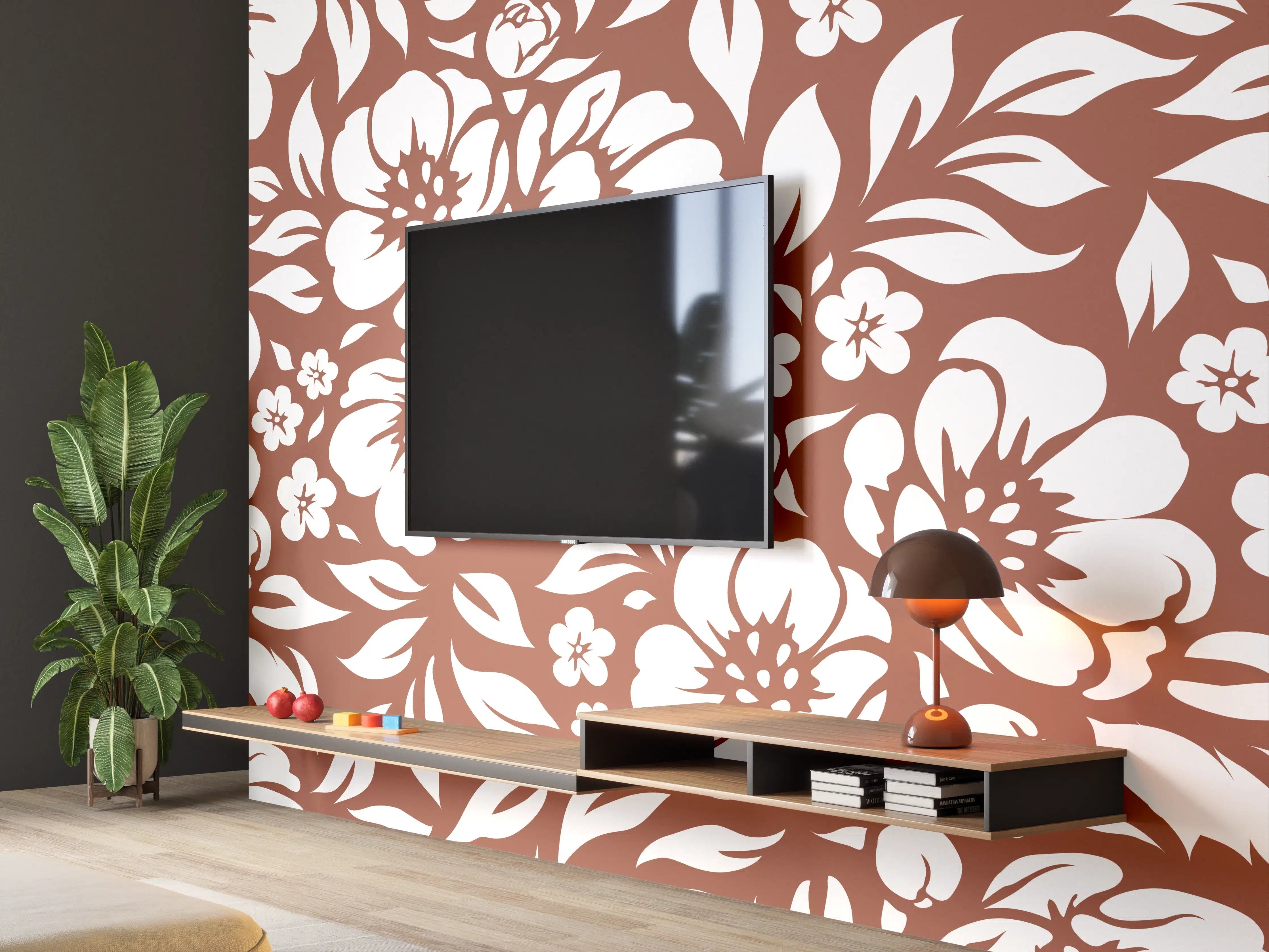 Wandverkleidung Wohnzimmer - Blumentapete mit floralen Muster in Braun und Weiß