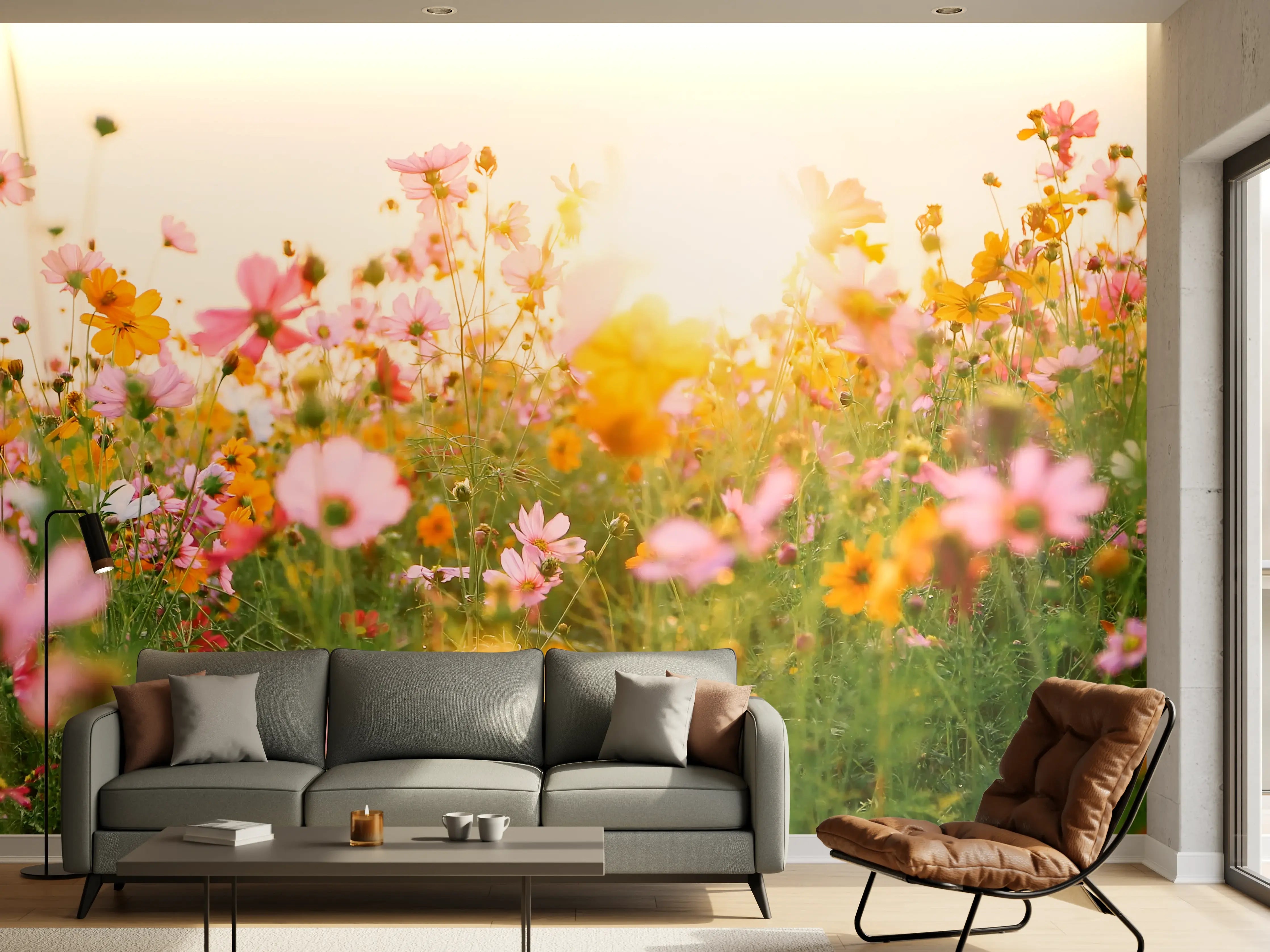 Wandverkleidung Wohnzimmer - Blumenwiese bei Sonnenaufgang