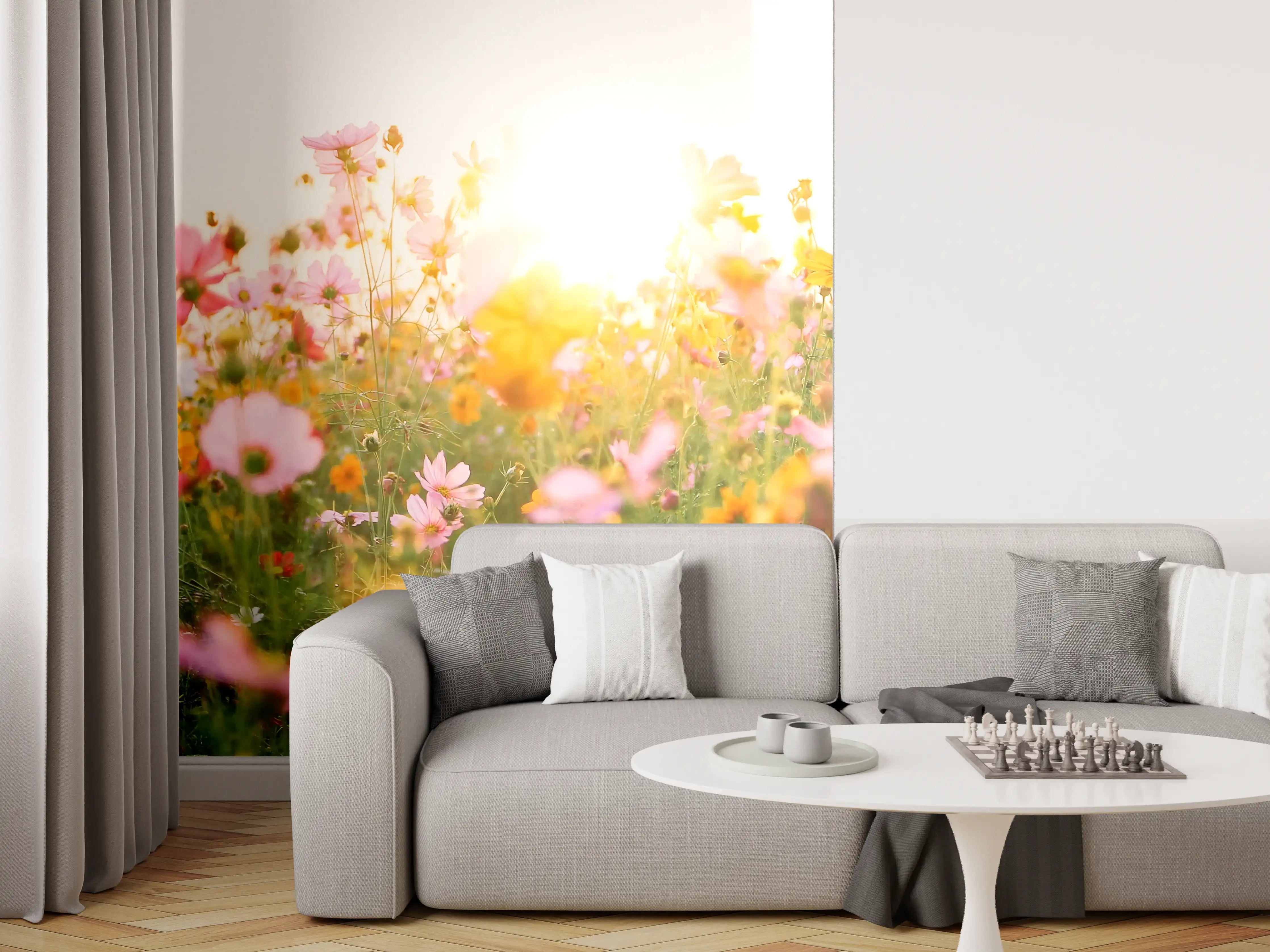 Wandverkleidung Wohnzimmer - Blumenwiese bei Sonnenaufgang