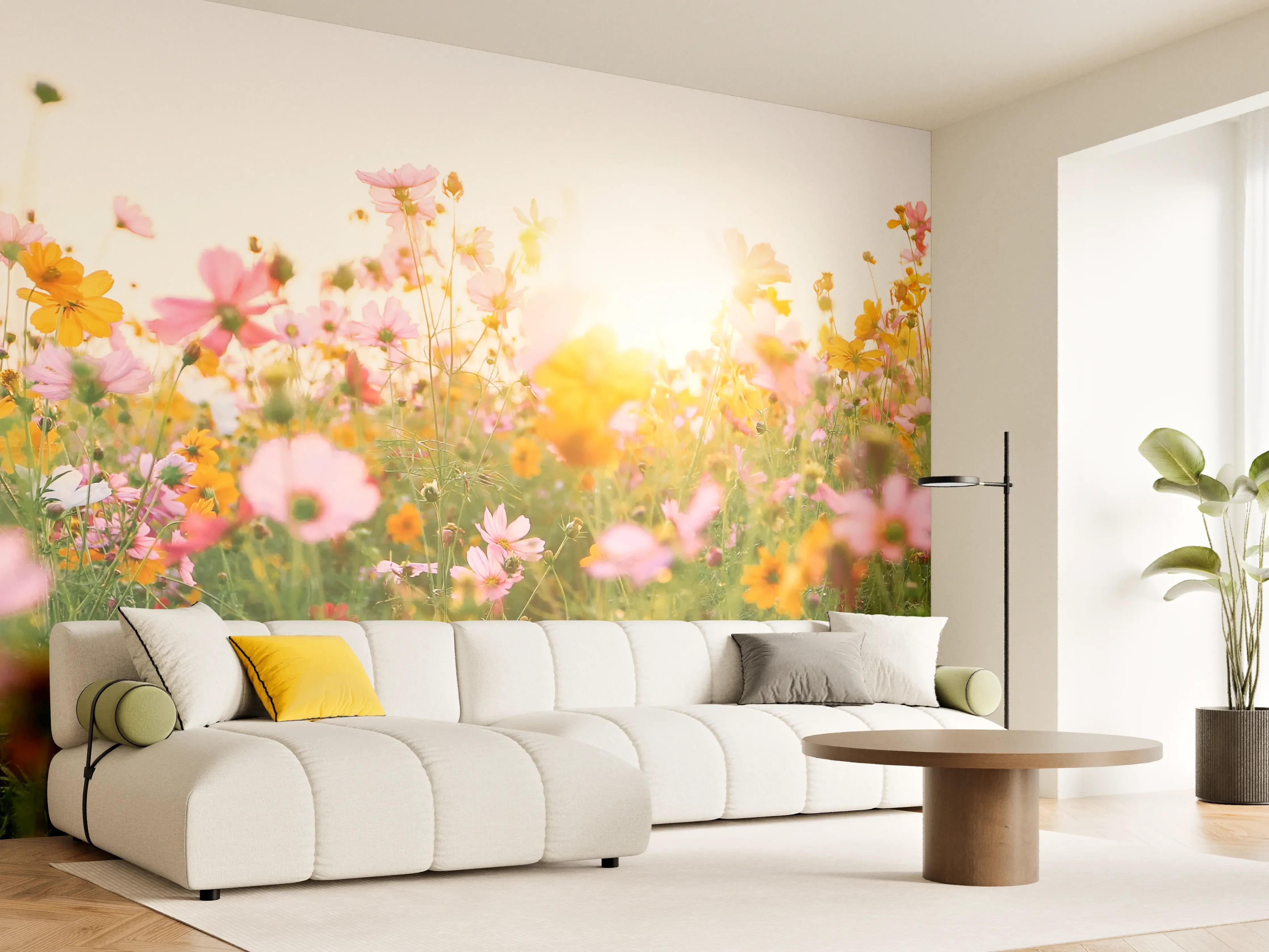 Wandverkleidung Wohnzimmer - Blumenwiese bei Sonnenaufgang