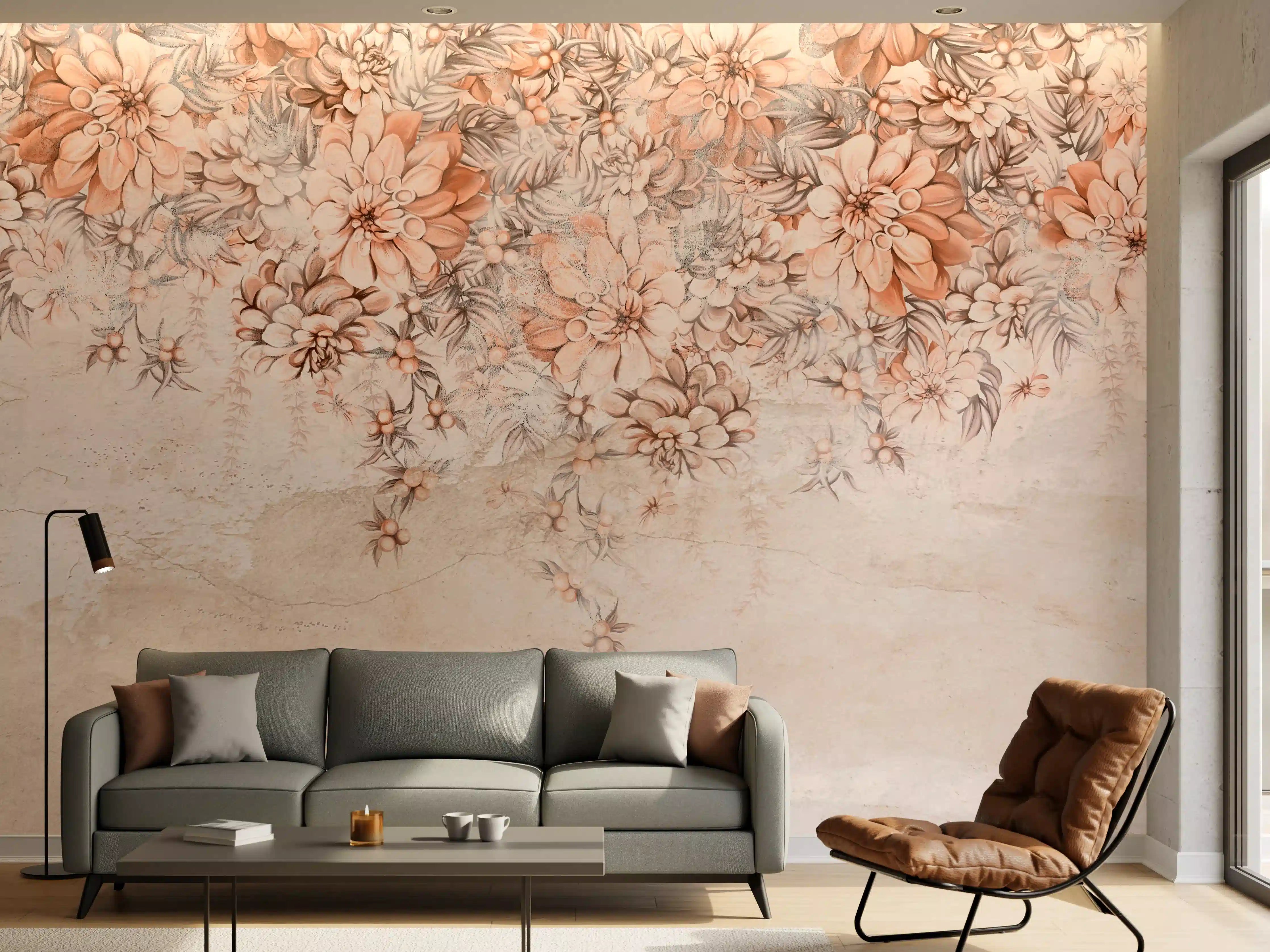 Wandverkleidung Wohnzimmer - Blumige Grunge Darstellung