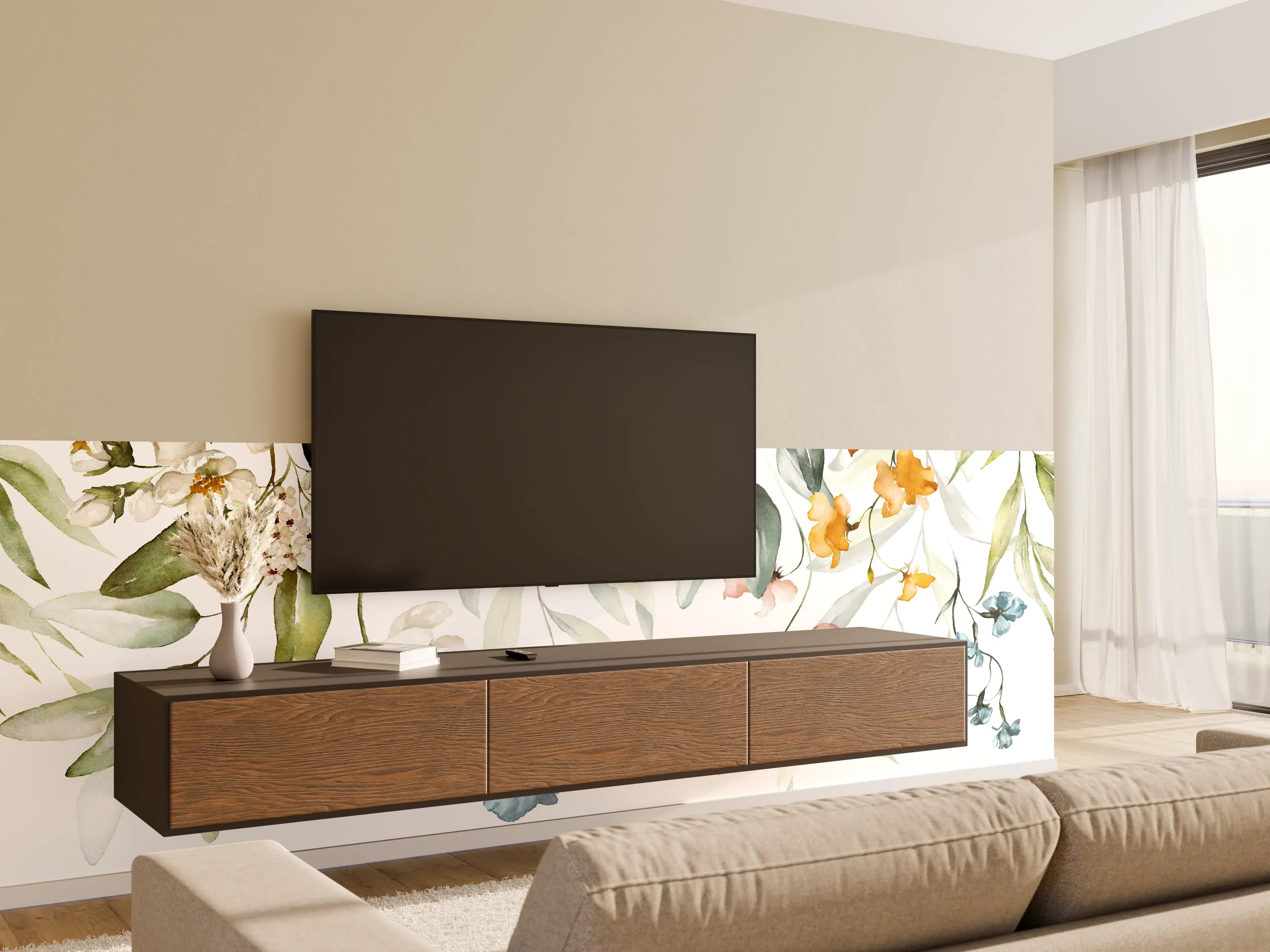 Wandverkleidung Wohnzimmer - Blumige Watercolor-Illustration mit zarten Farbtönen