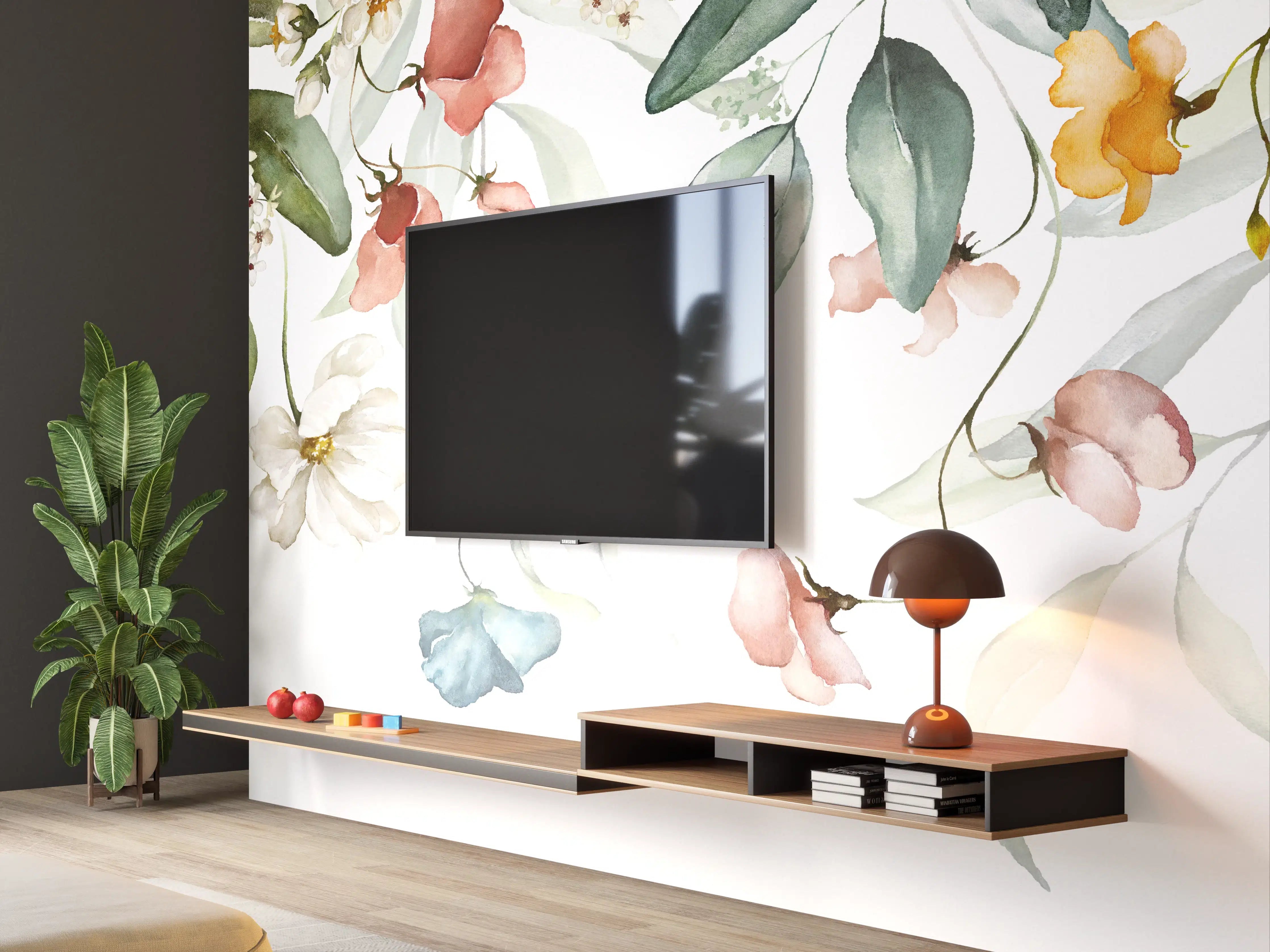 Wandverkleidung Wohnzimmer - Blumige Watercolor-Illustration mit zarten Farbtönen