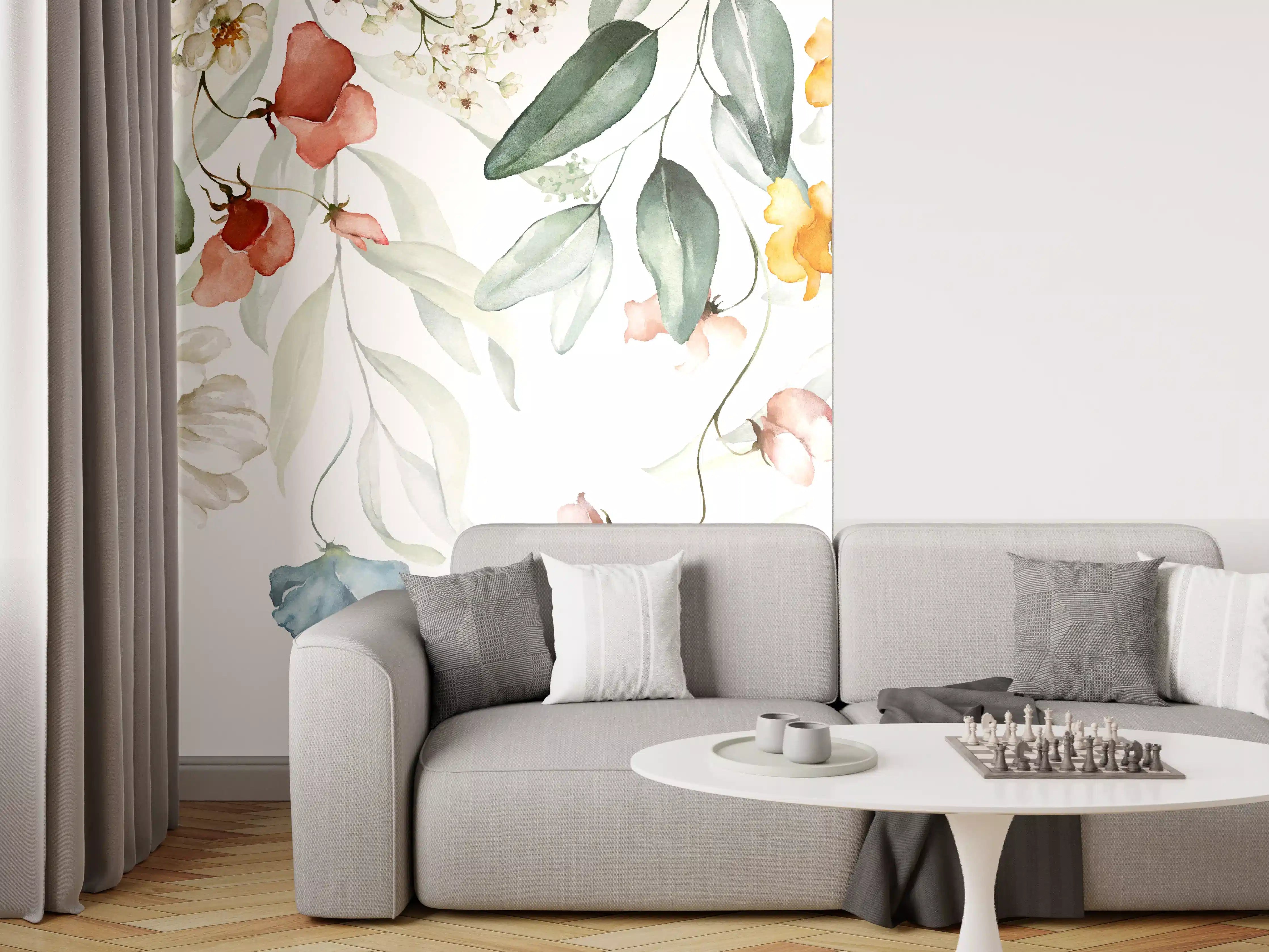 Wandverkleidung Wohnzimmer - Blumige Watercolor-Illustration mit zarten Farbtönen