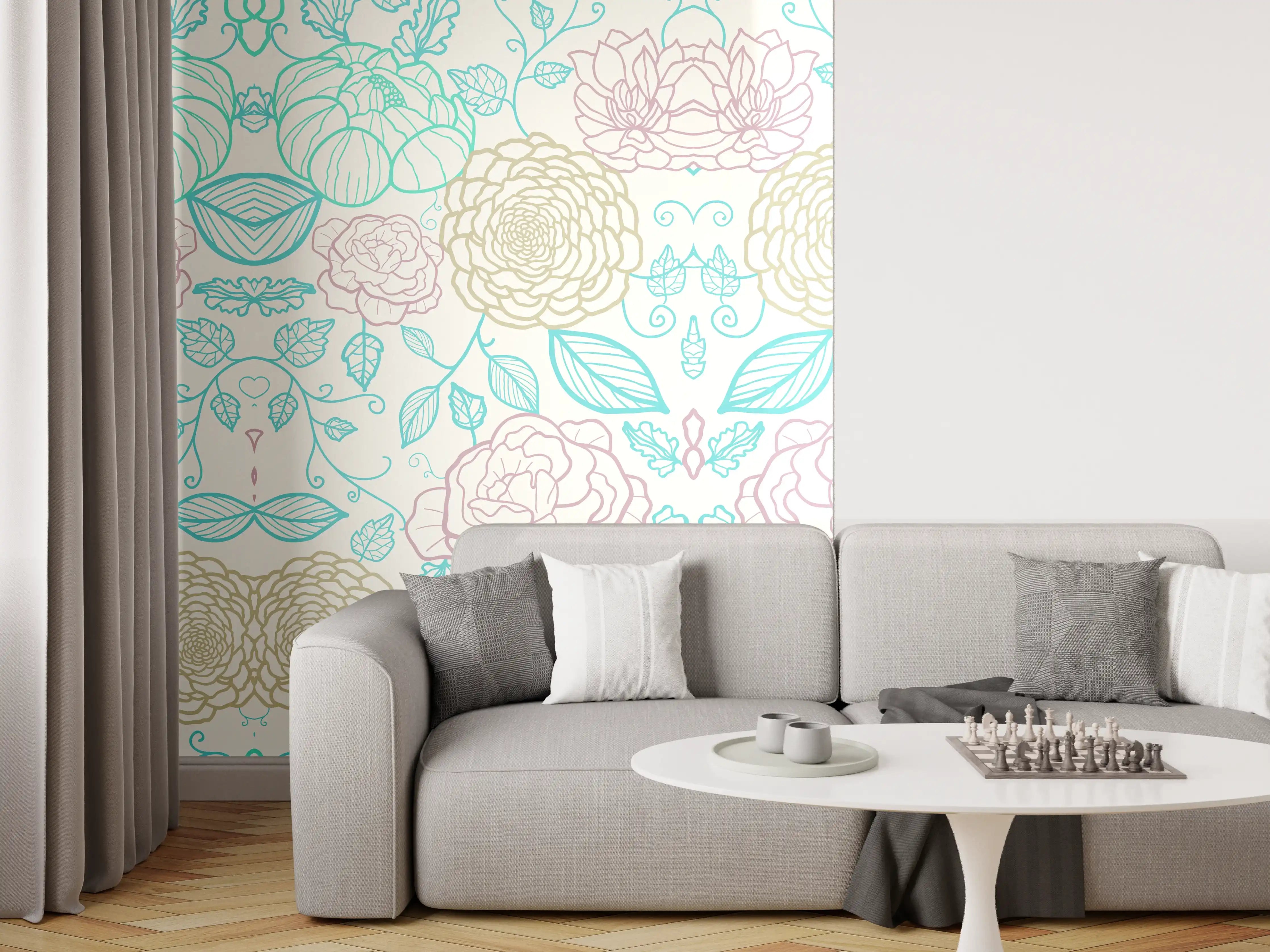Wandverkleidung Wohnzimmer - Blumiger Musterstoff mit zarten Farbtönen