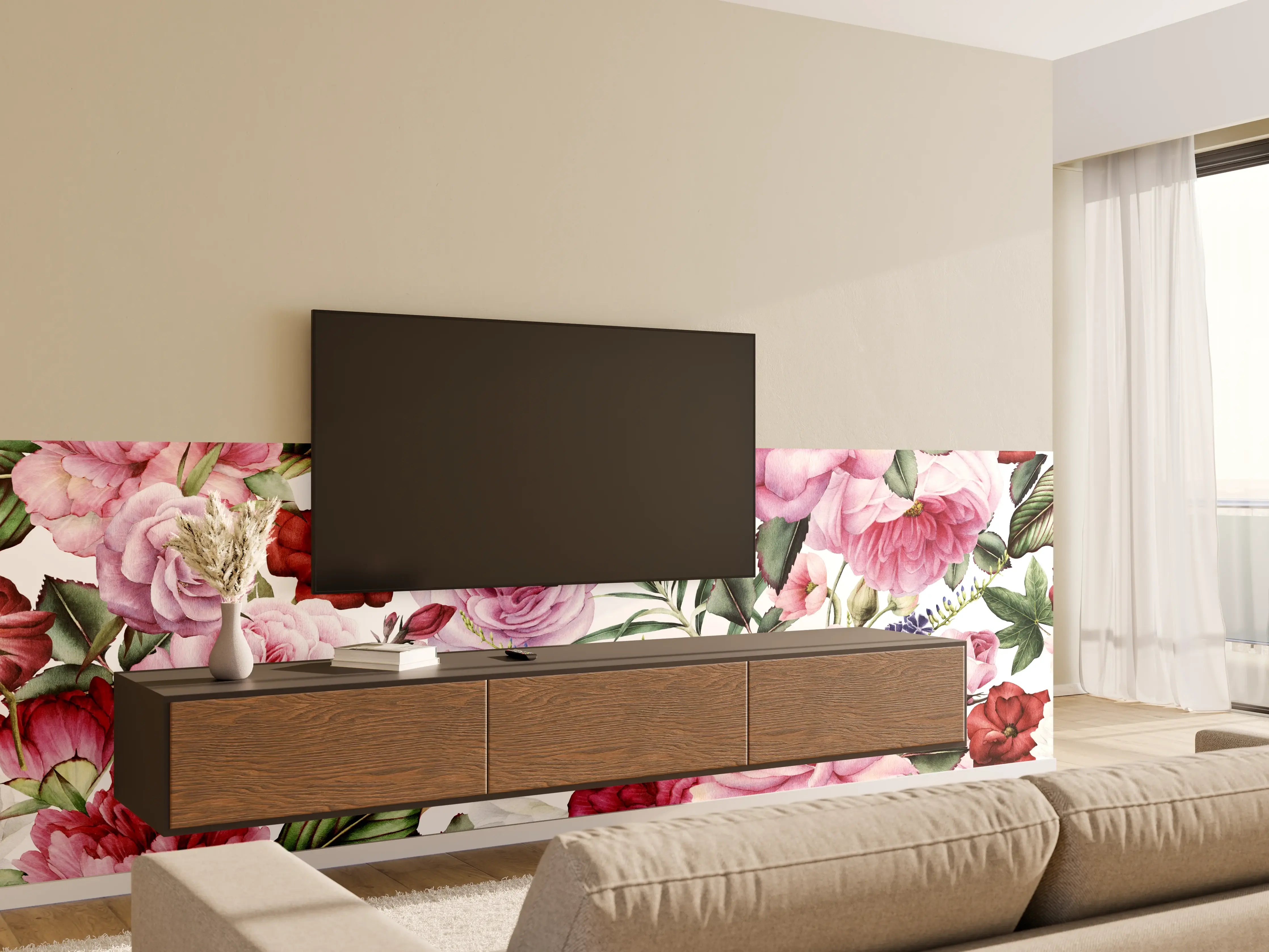 Wandverkleidung Wohnzimmer - Blumiges Design mit rosa und roten Blumen