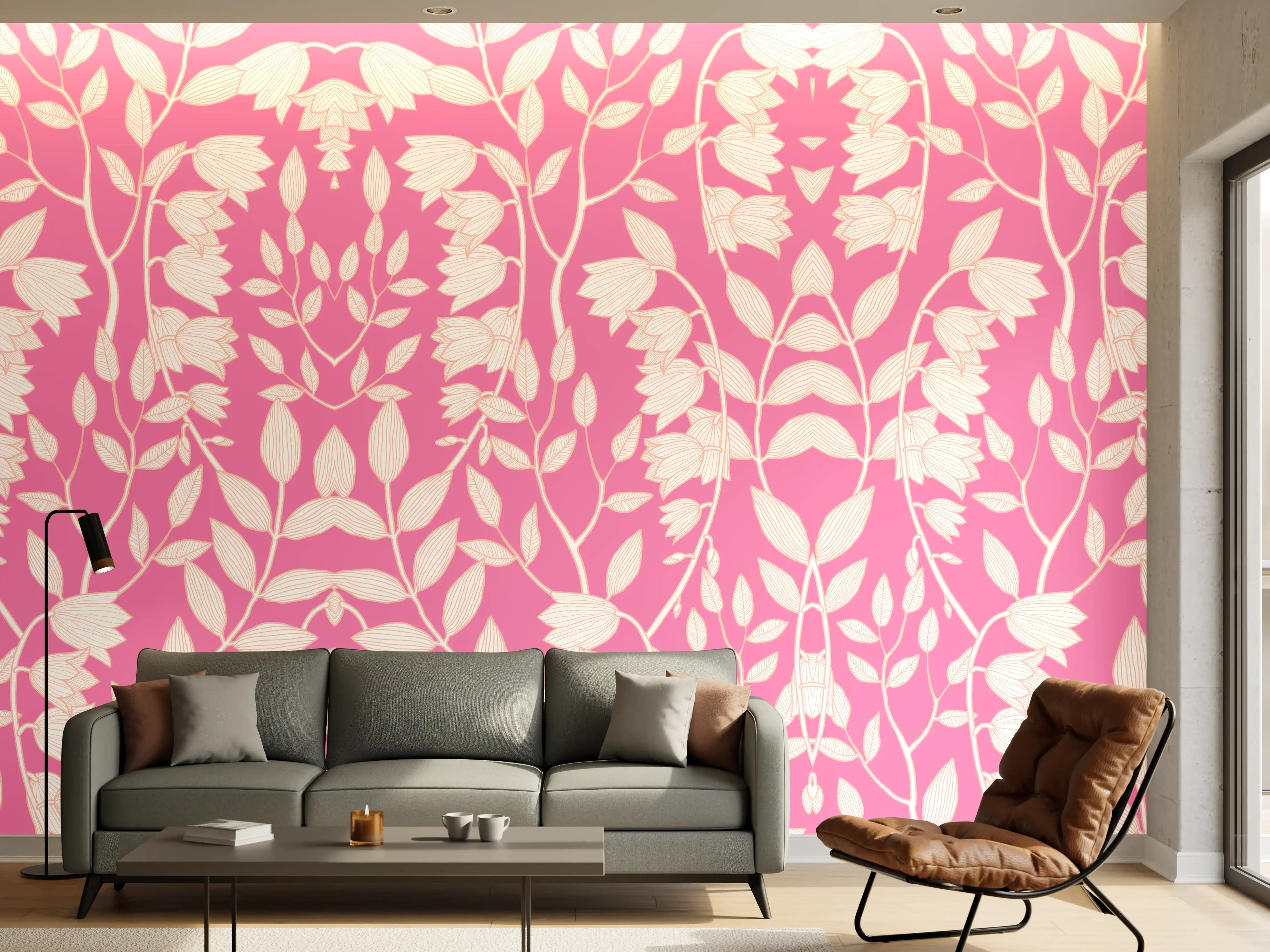 Wandverkleidung Wohnzimmer - Blumiges Muster in Pink und Weiß