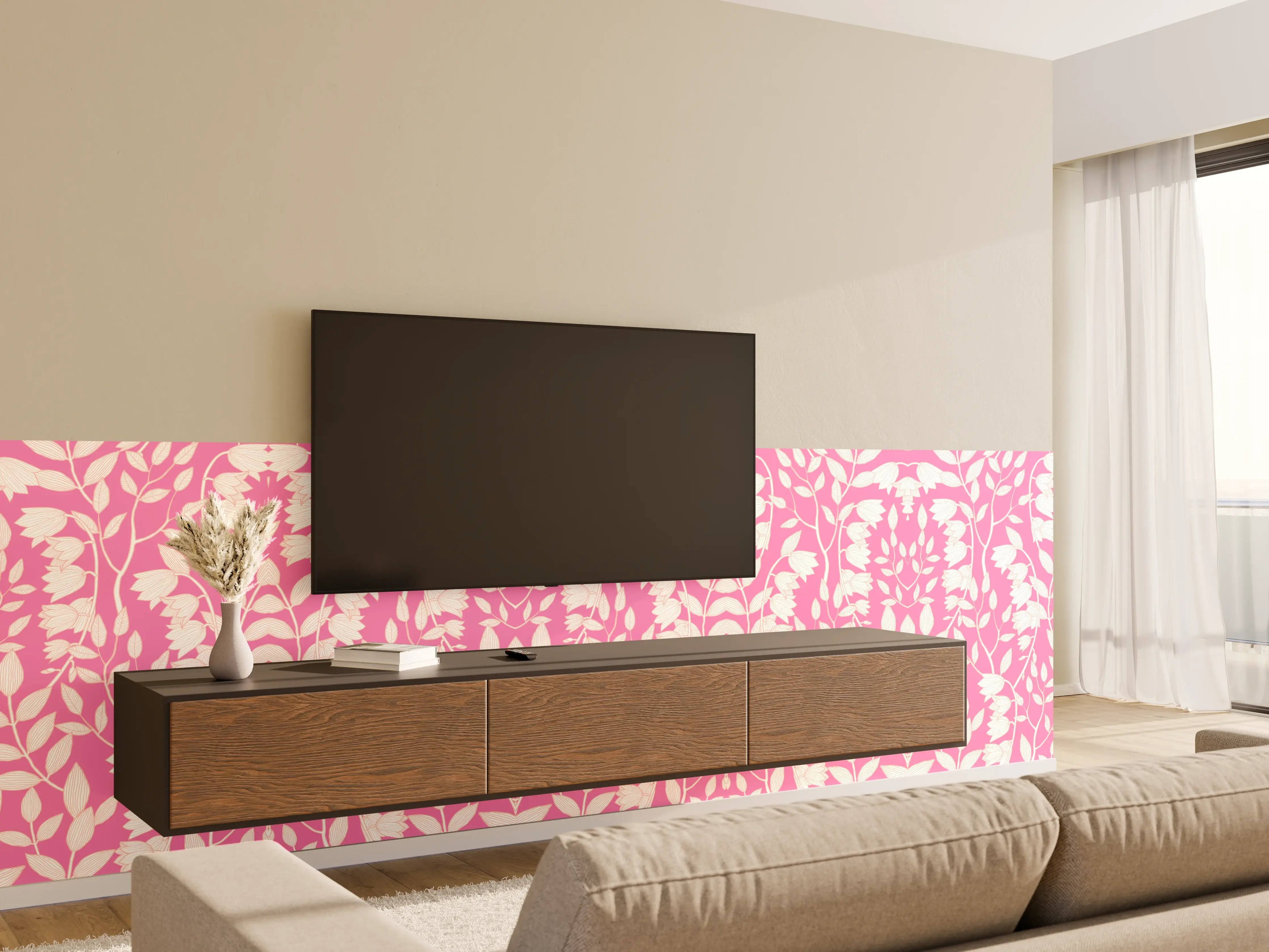 Wandverkleidung Wohnzimmer - Blumiges Muster in Pink und Weiß