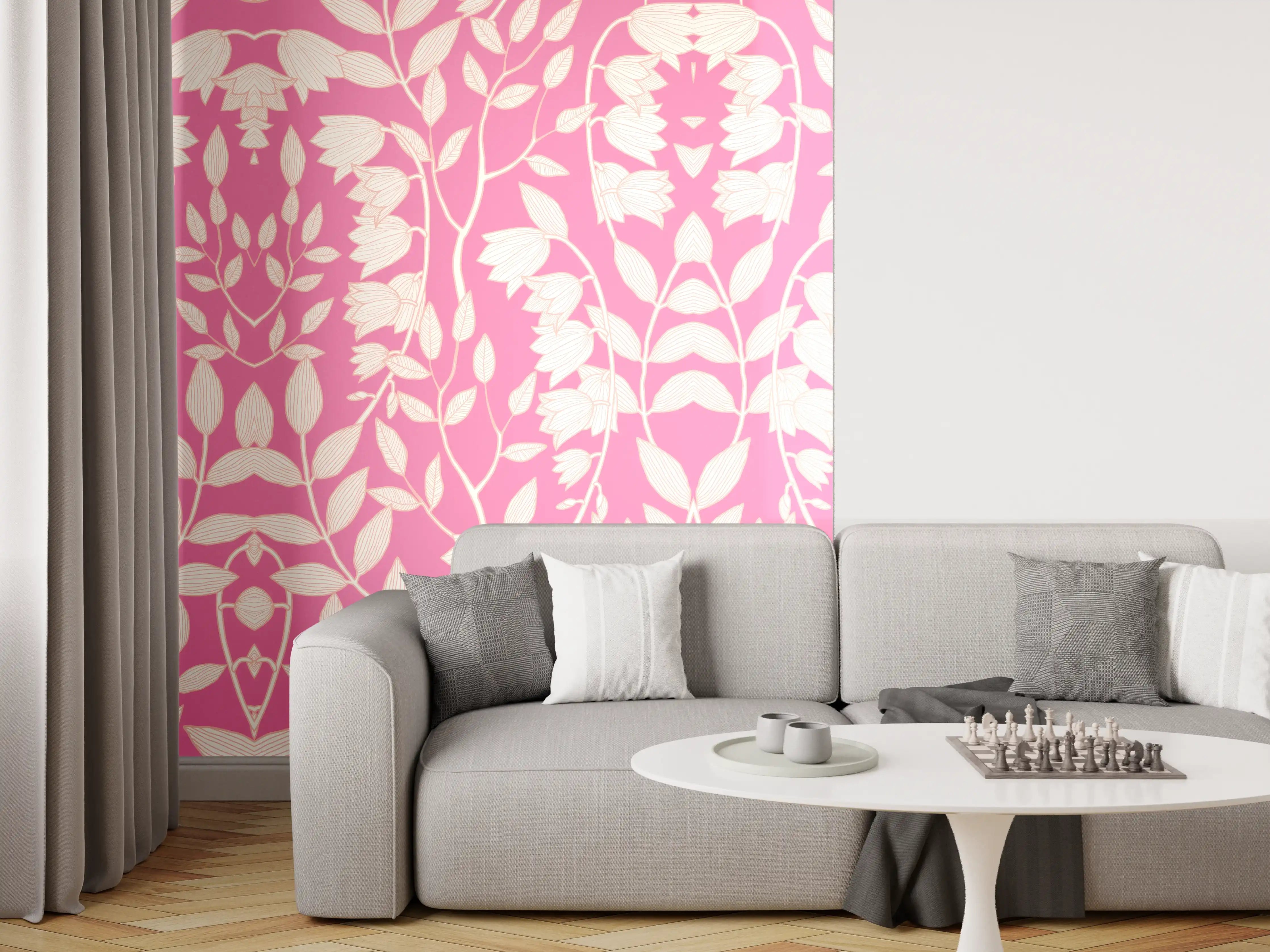 Wandverkleidung Wohnzimmer - Blumiges Muster in Pink und Weiß