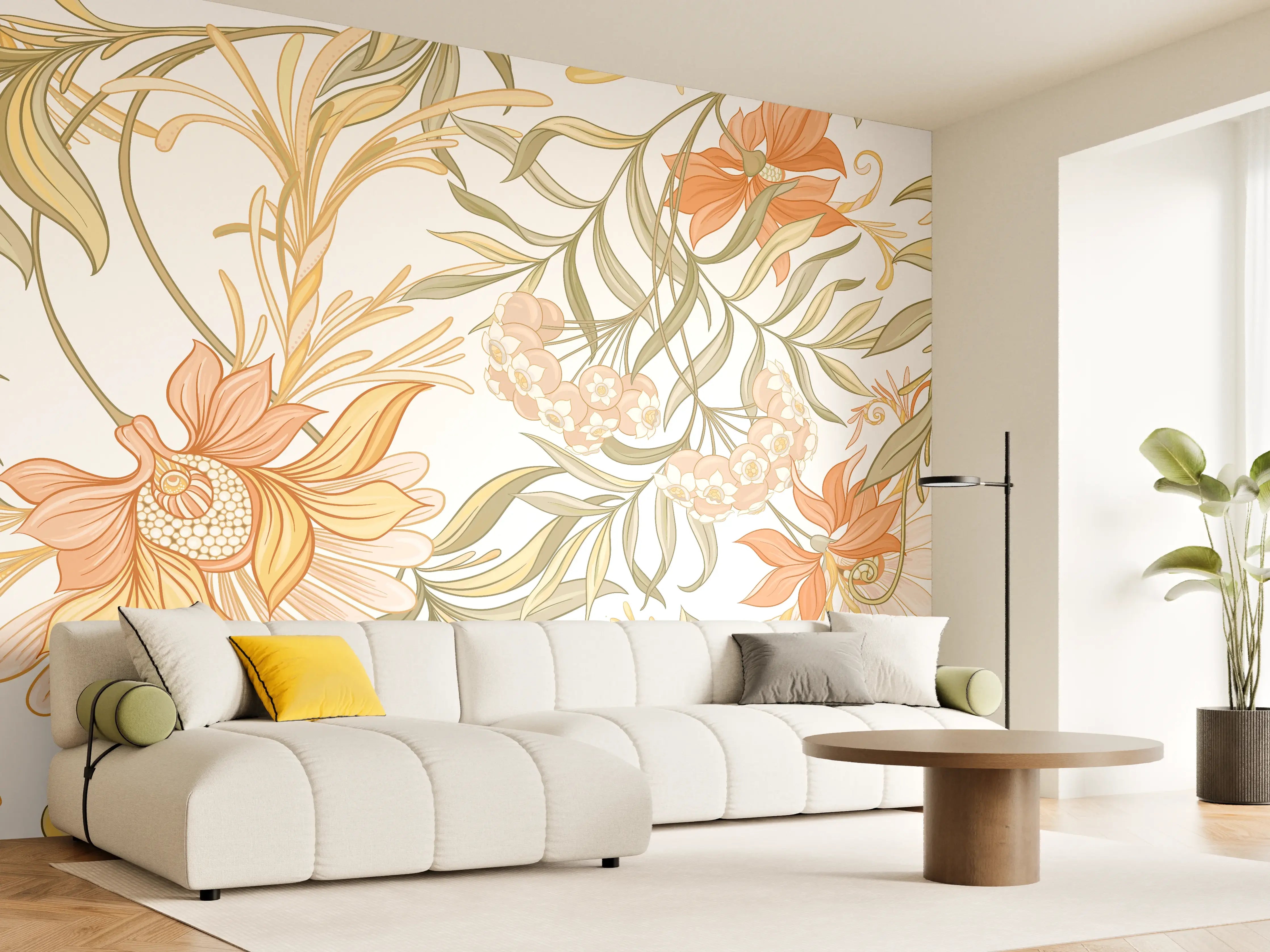 Wandverkleidung Wohnzimmer - Blumiges Muster in warmen Farbtönen