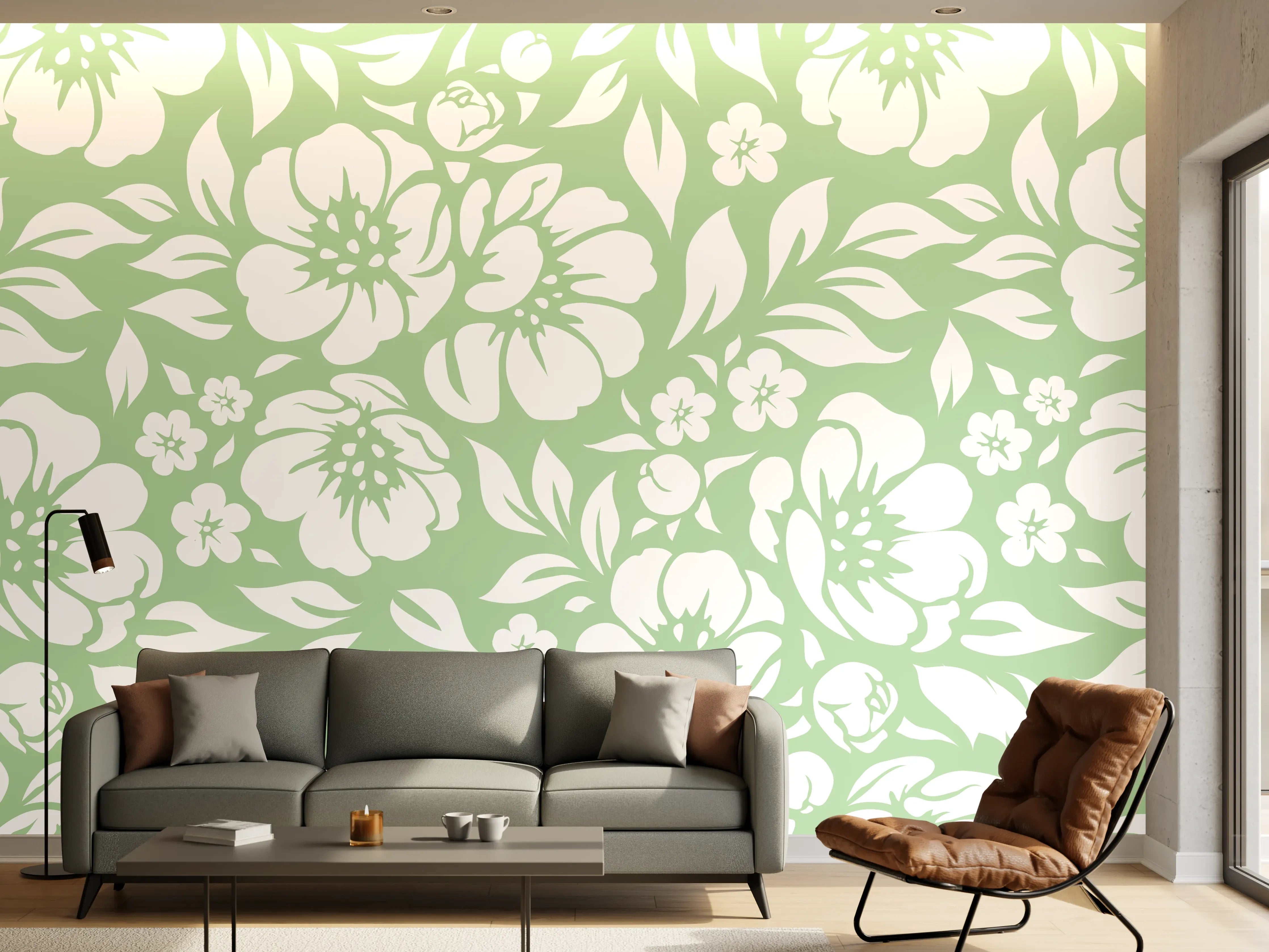 Wandverkleidung Wohnzimmer - Blumiges Muster in zarten Grüntönen