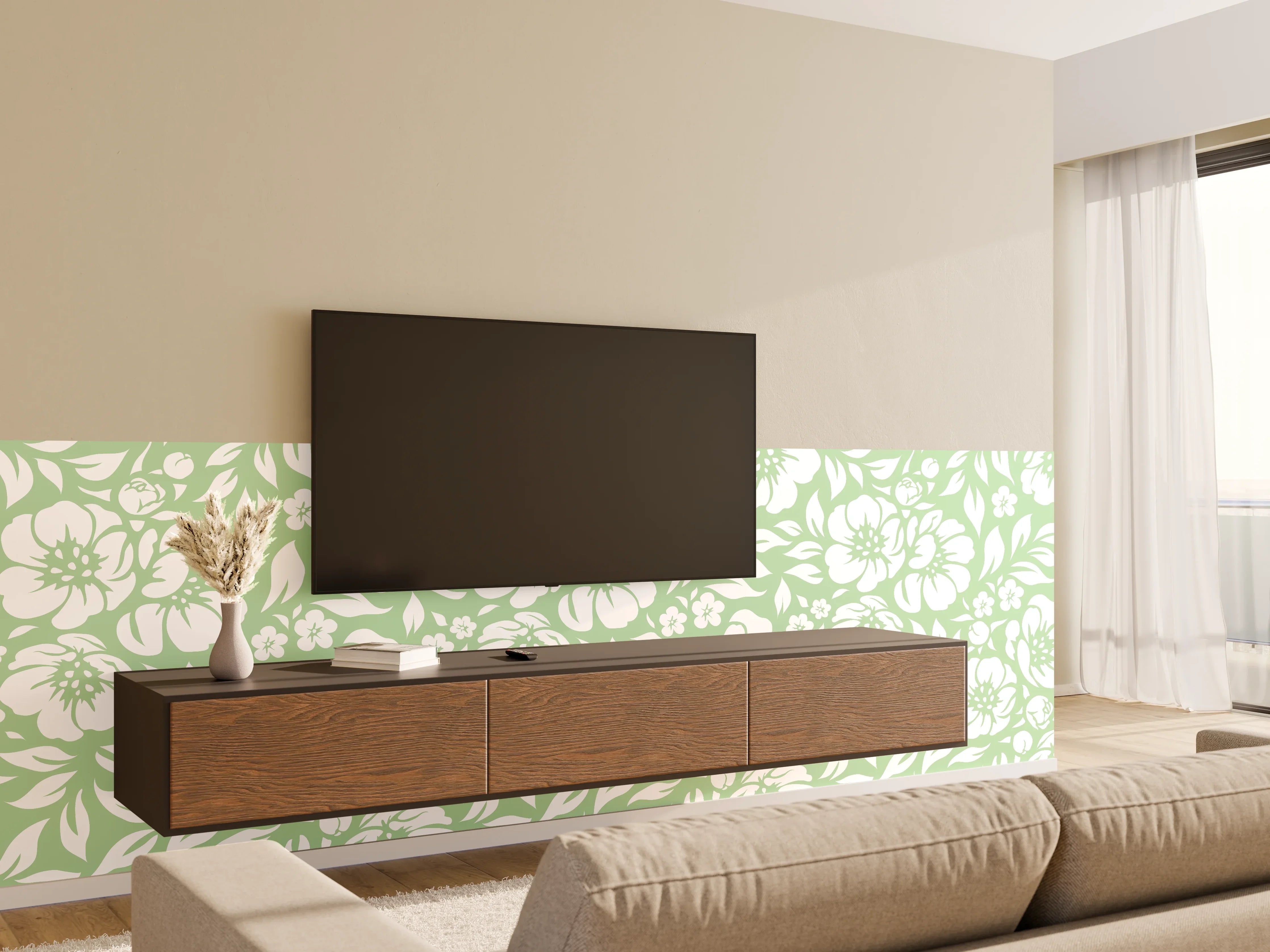 Wandverkleidung Wohnzimmer - Blumiges Muster in zarten Grüntönen