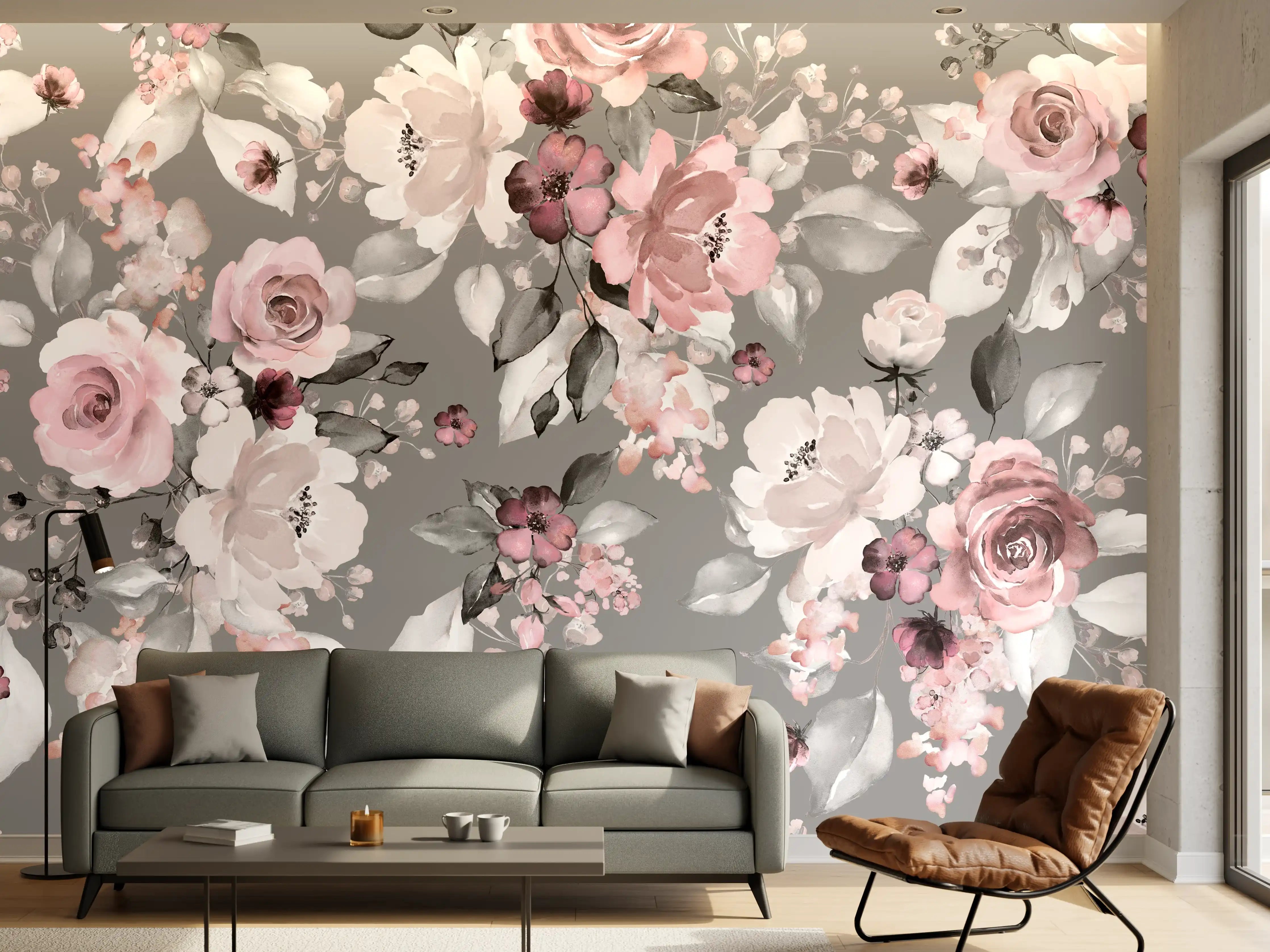 Wandverkleidung Wohnzimmer - Blumiges Muster in zarten Pastellfarben