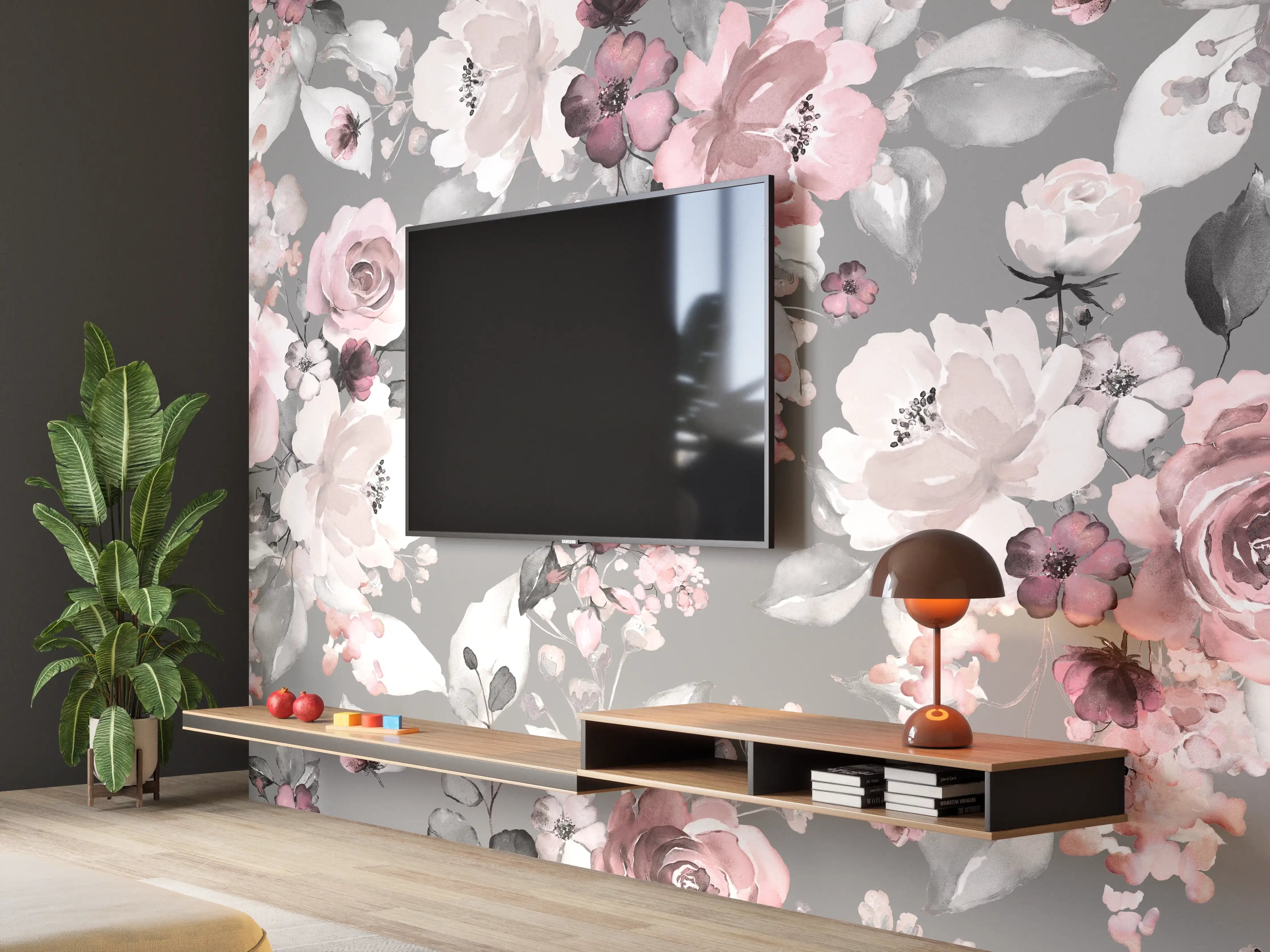 Wandverkleidung Wohnzimmer - Blumiges Muster in zarten Pastellfarben