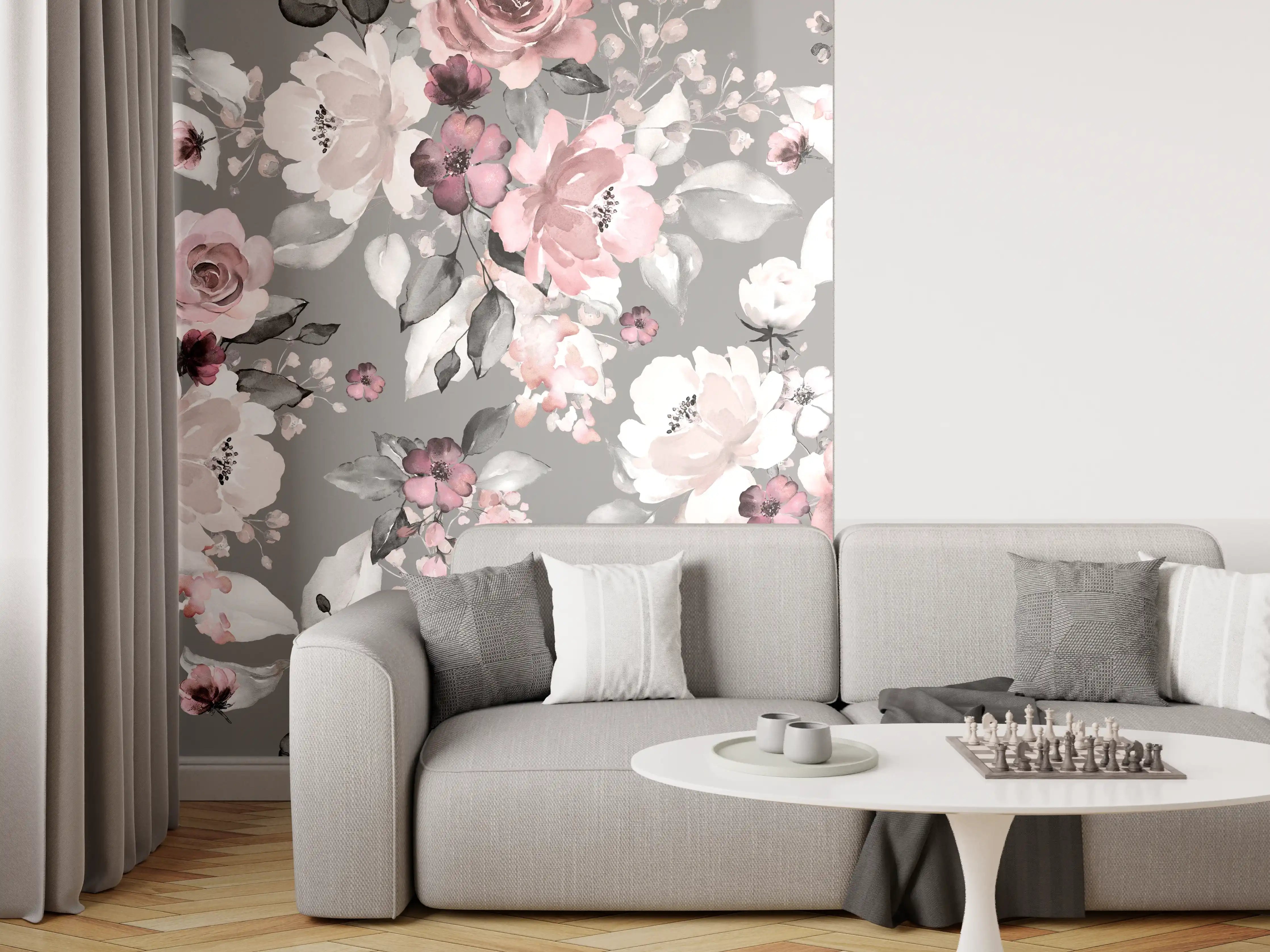 Wandverkleidung Wohnzimmer - Blumiges Muster in zarten Pastellfarben