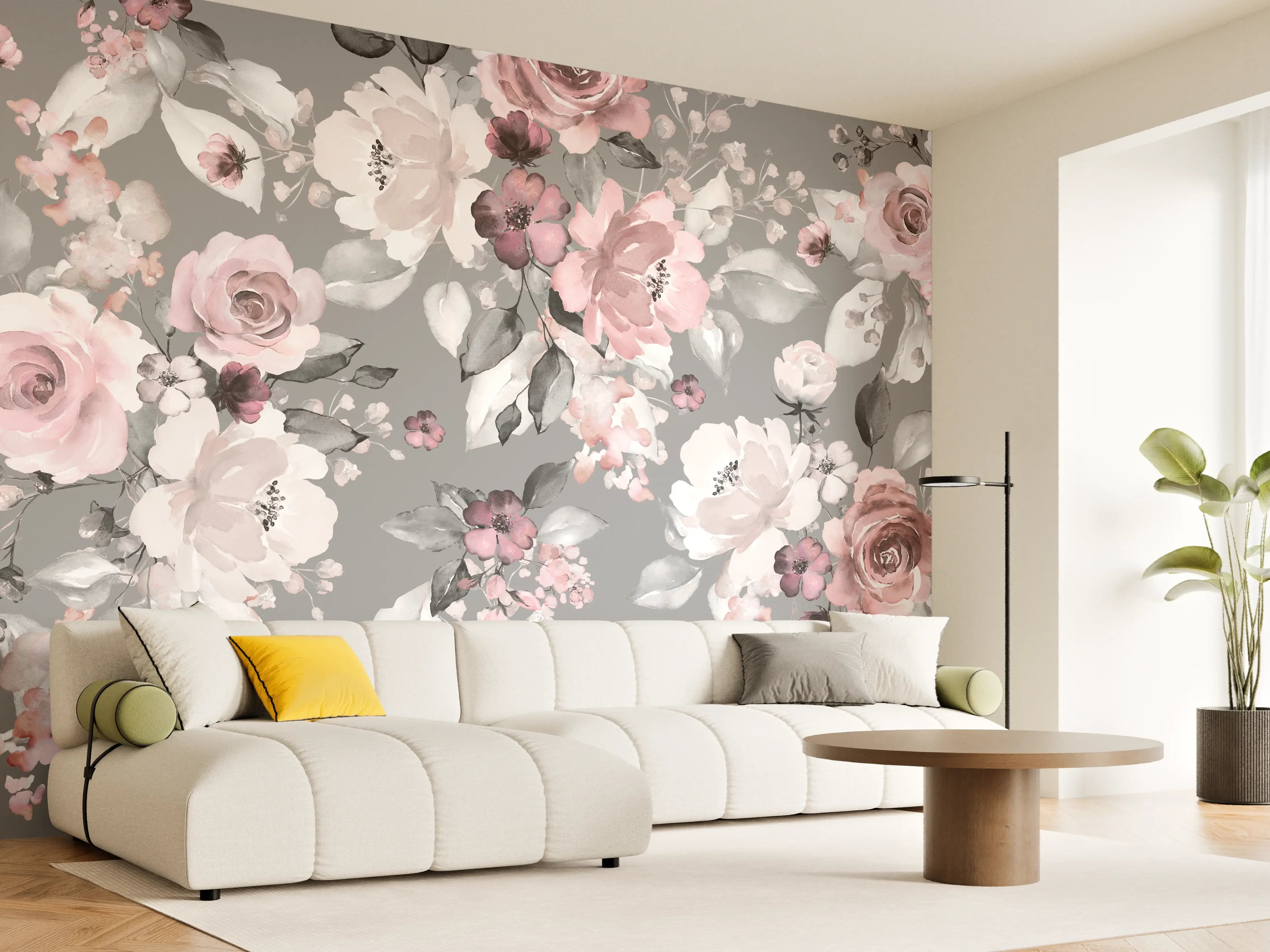 Wandverkleidung Wohnzimmer - Blumiges Muster in zarten Pastellfarben