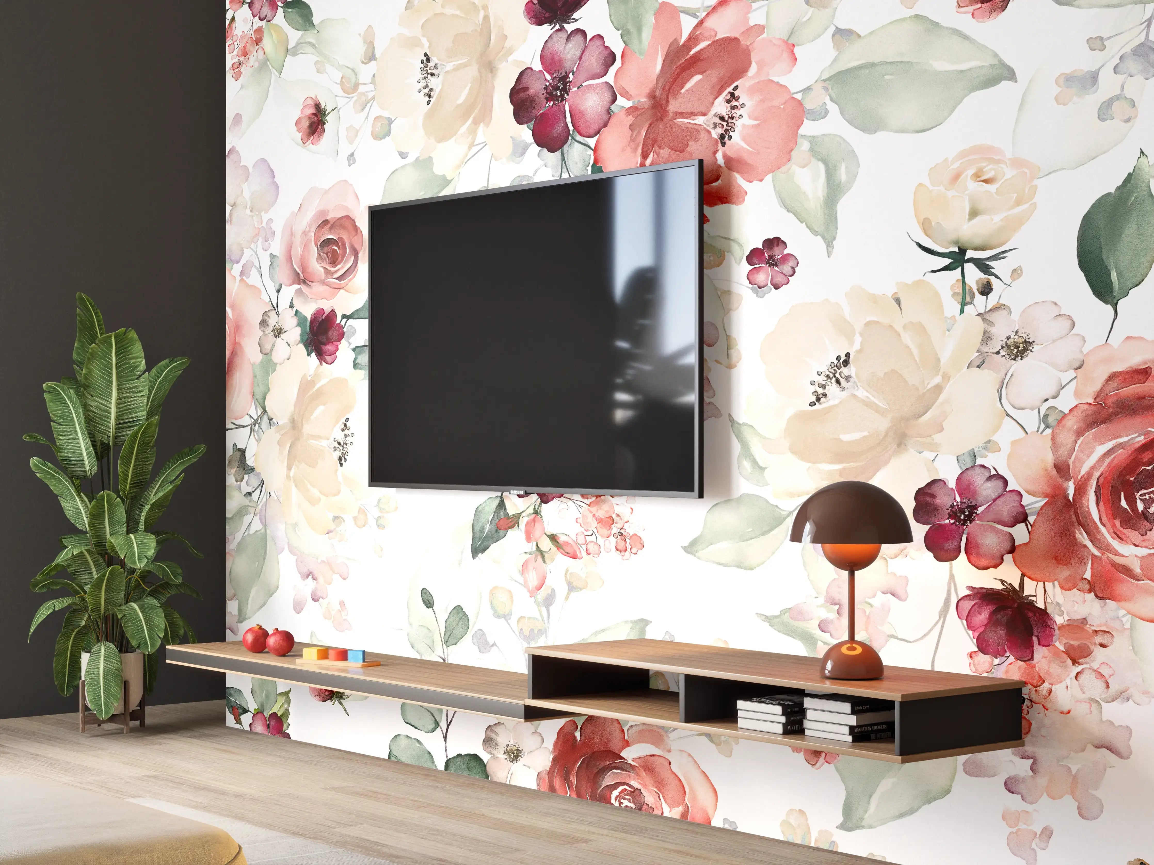 Wandverkleidung Wohnzimmer - Blumiges Muster mit zarten Rosen und Blumen