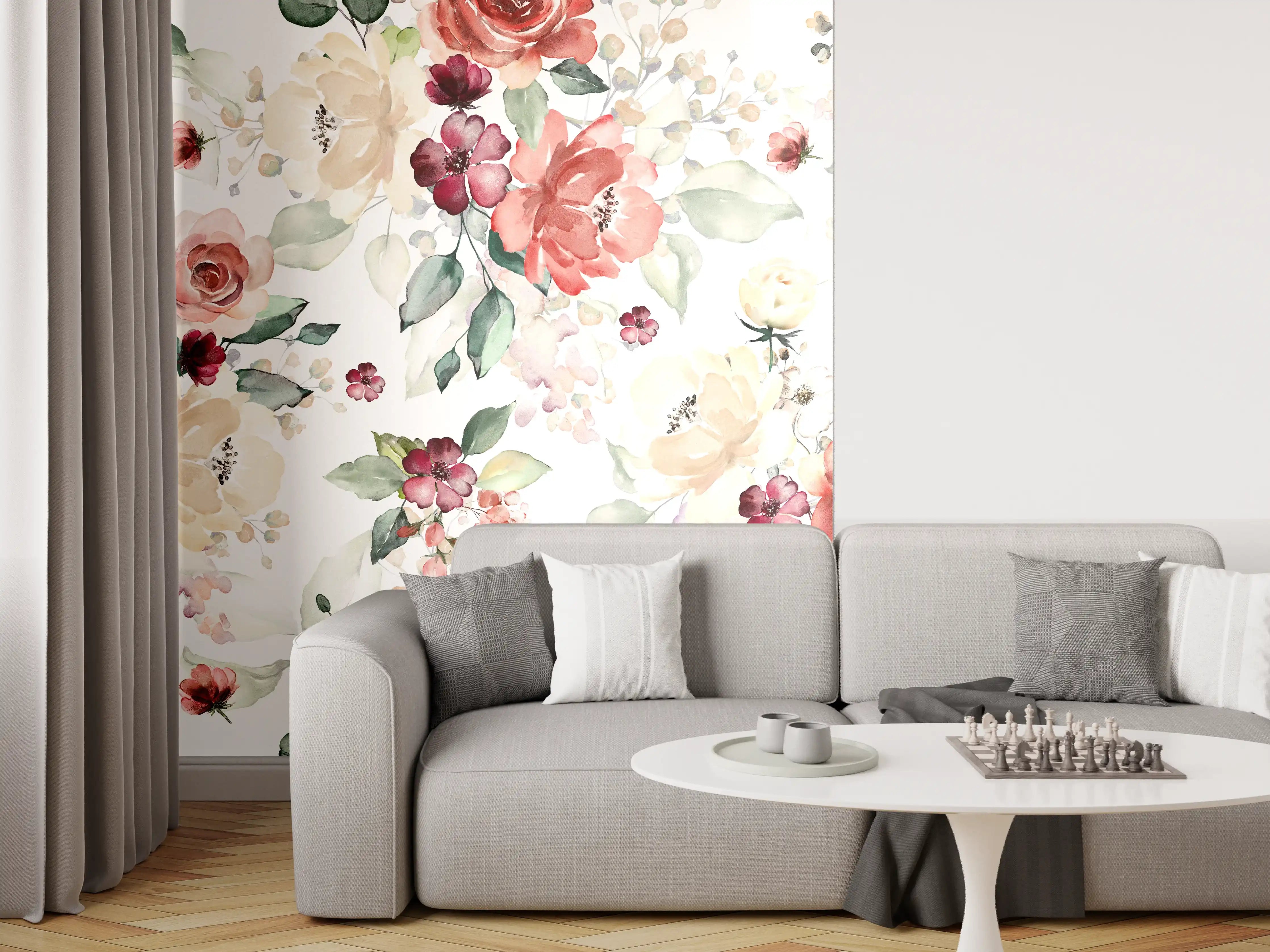 Wandverkleidung Wohnzimmer - Blumiges Muster mit zarten Rosen und Blumen