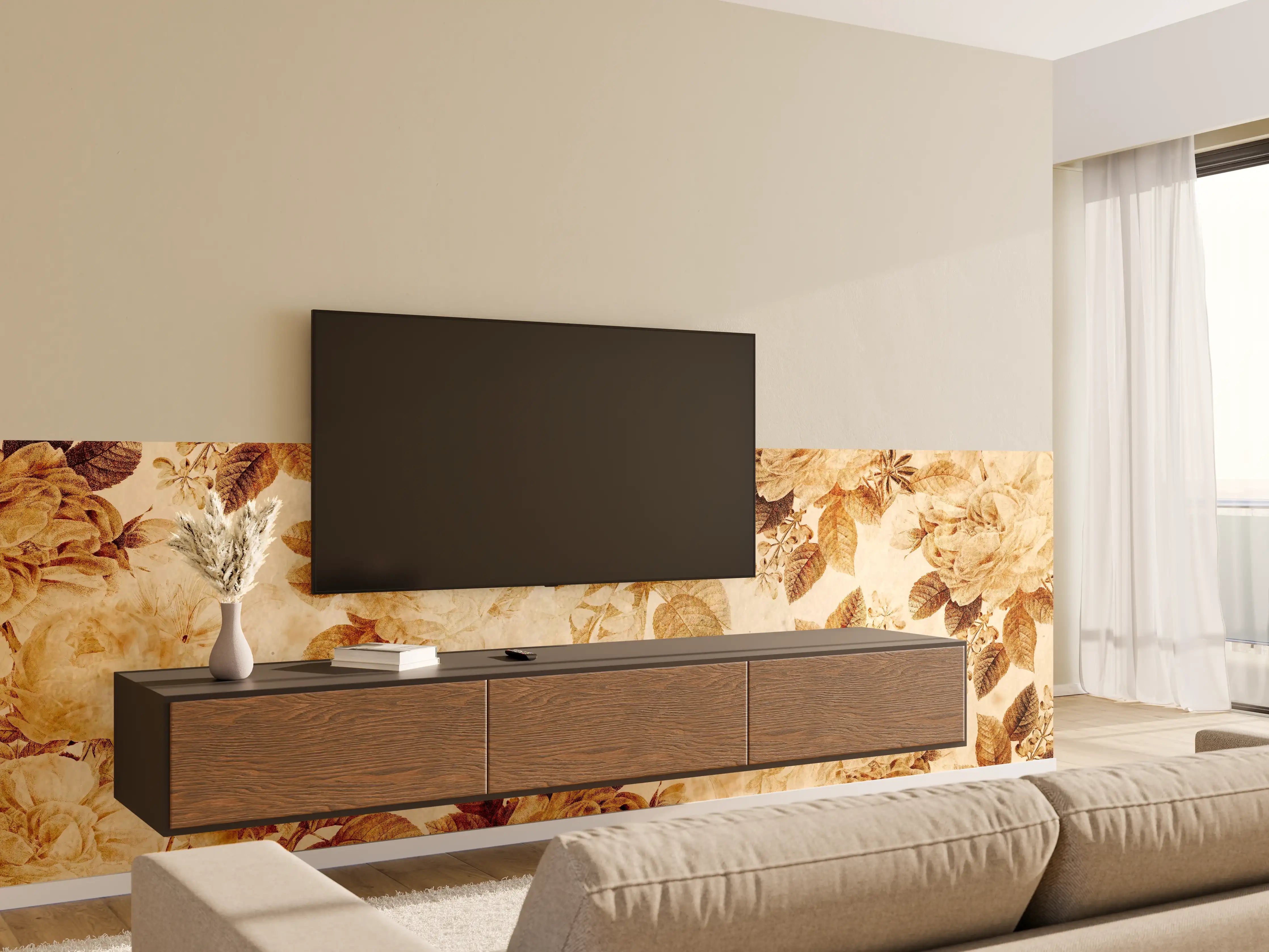 Wandverkleidung Wohnzimmer - Blumiges Wanddesign mit Naturmotiven