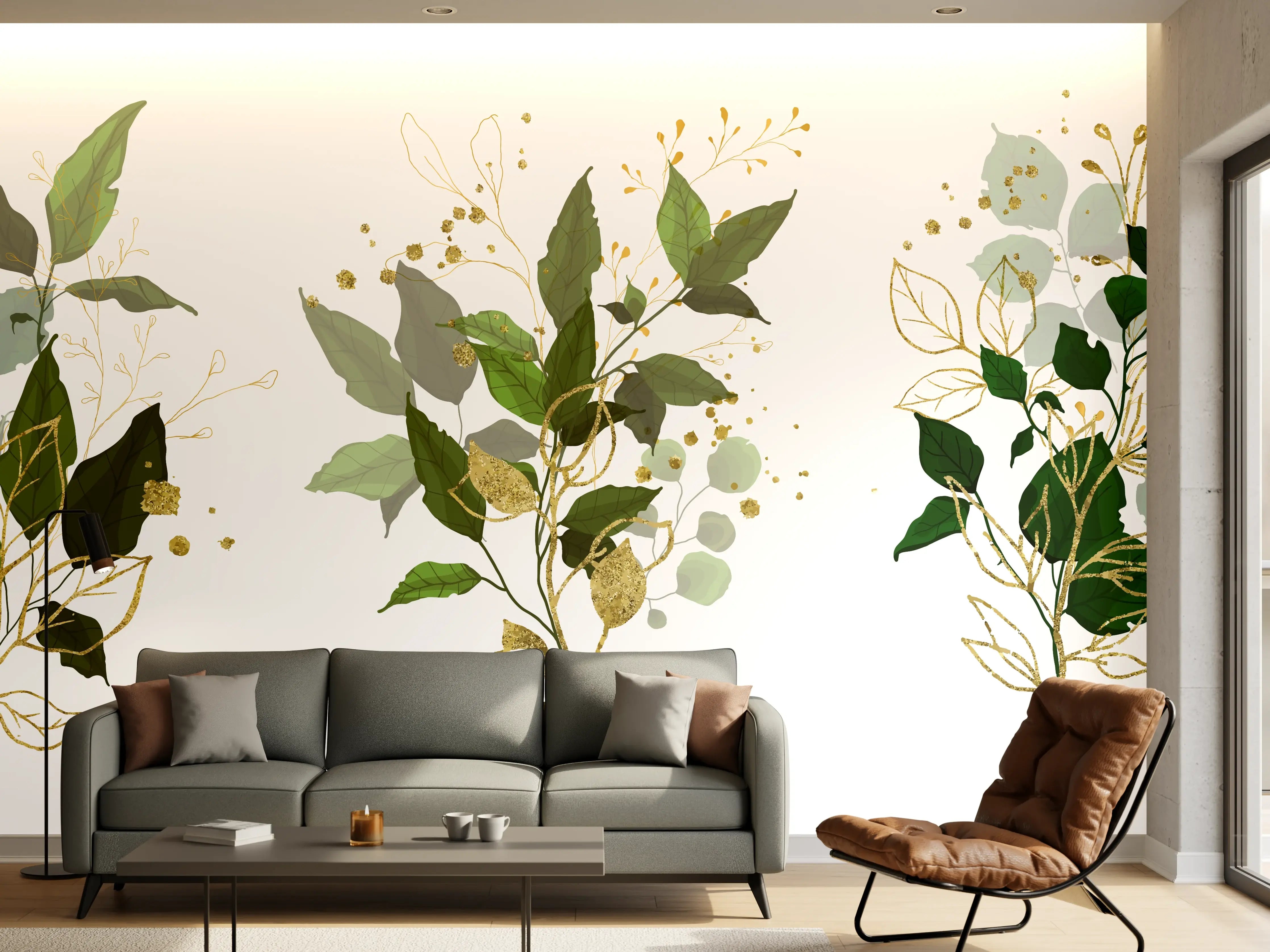 Wandverkleidung Wohnzimmer - Botanik Gold Grün Dekor