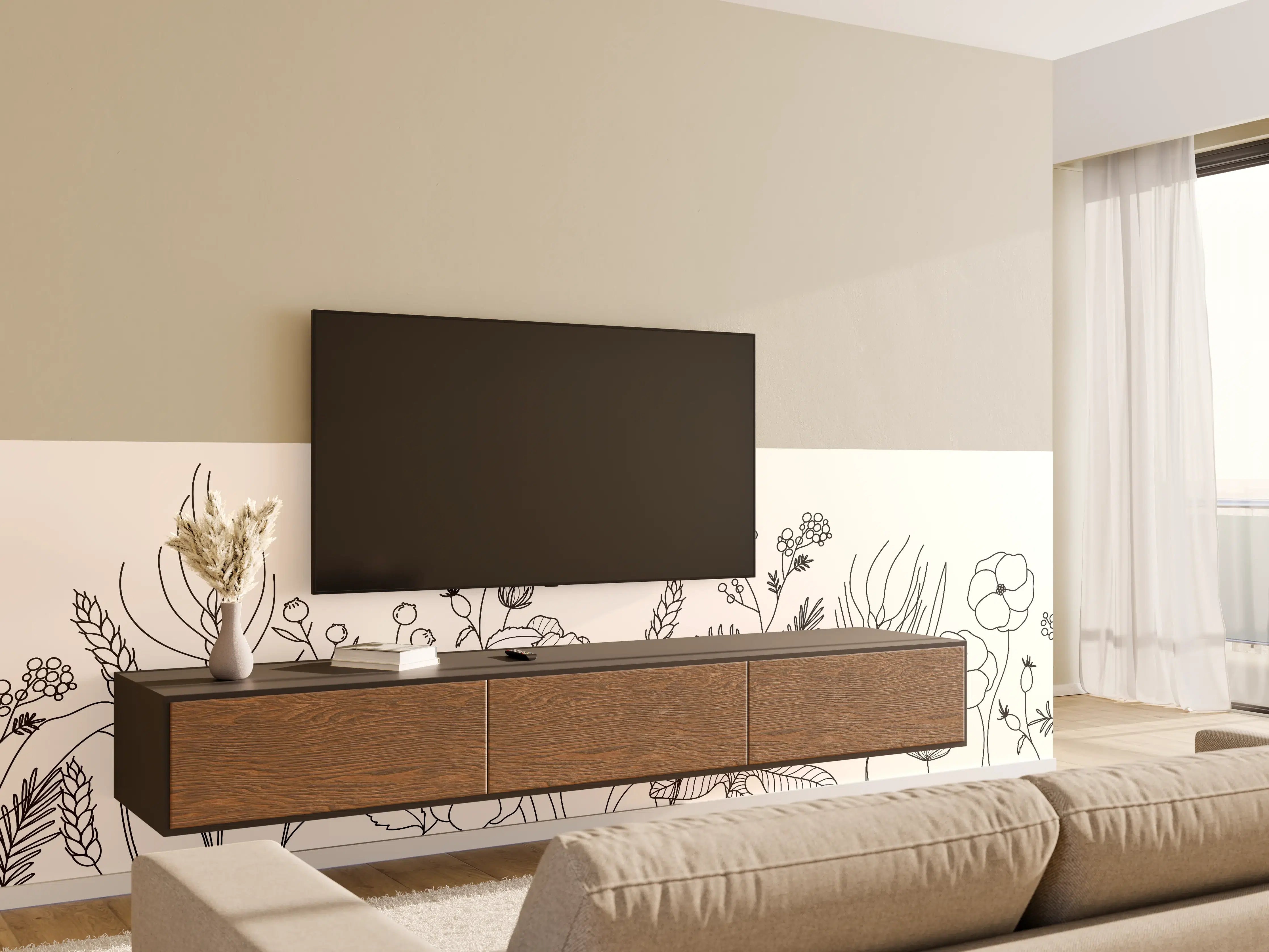 Wandverkleidung Wohnzimmer - Botanische Linienzeichnung