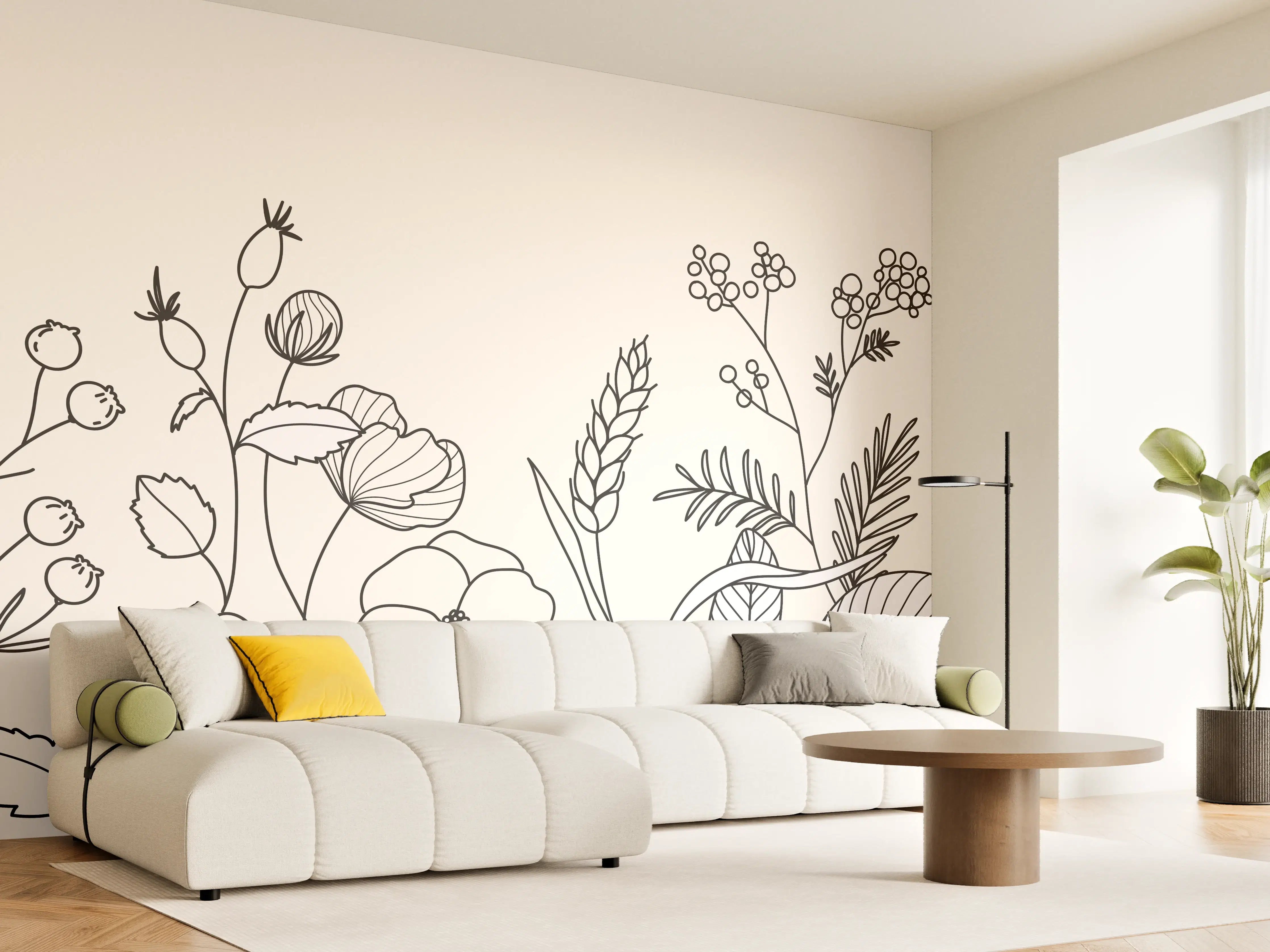 Wandverkleidung Wohnzimmer - Botanische Linienzeichnung