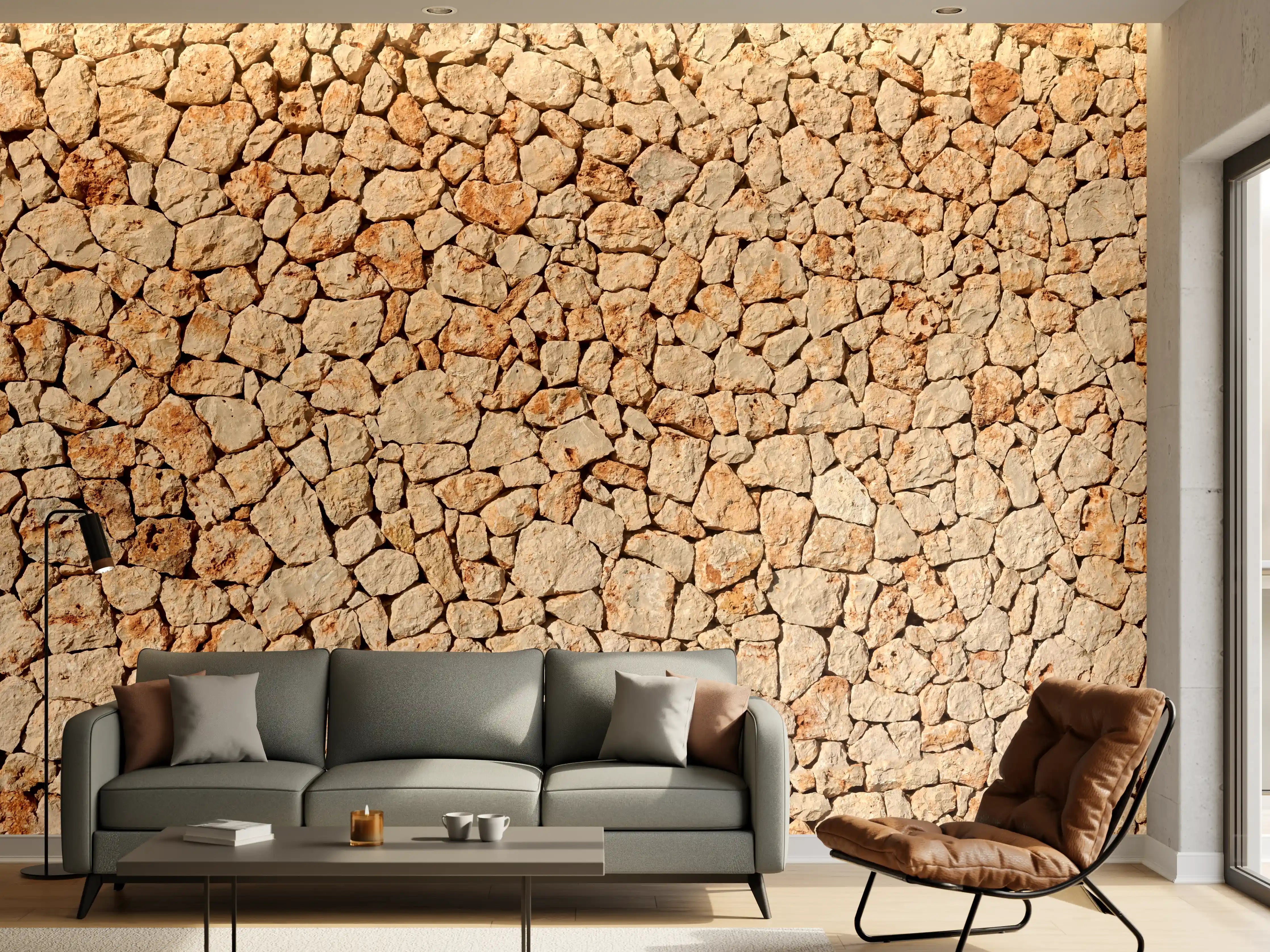 Wandverkleidung Wohnzimmer - Bräunliche Panorama-Textur Steinmauer