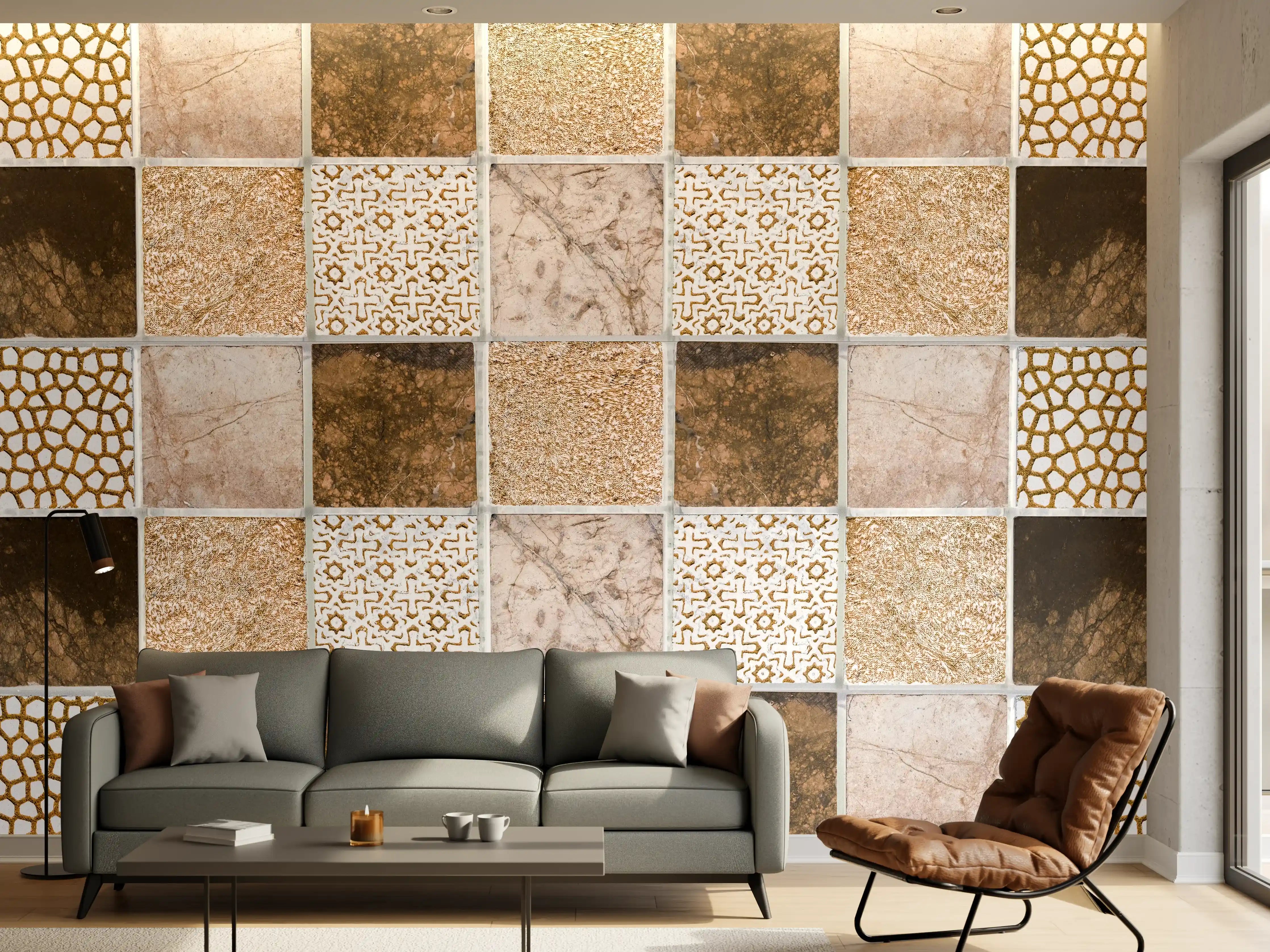 Wandverkleidung Wohnzimmer - Bräunliche quadratische Mosaiktextur