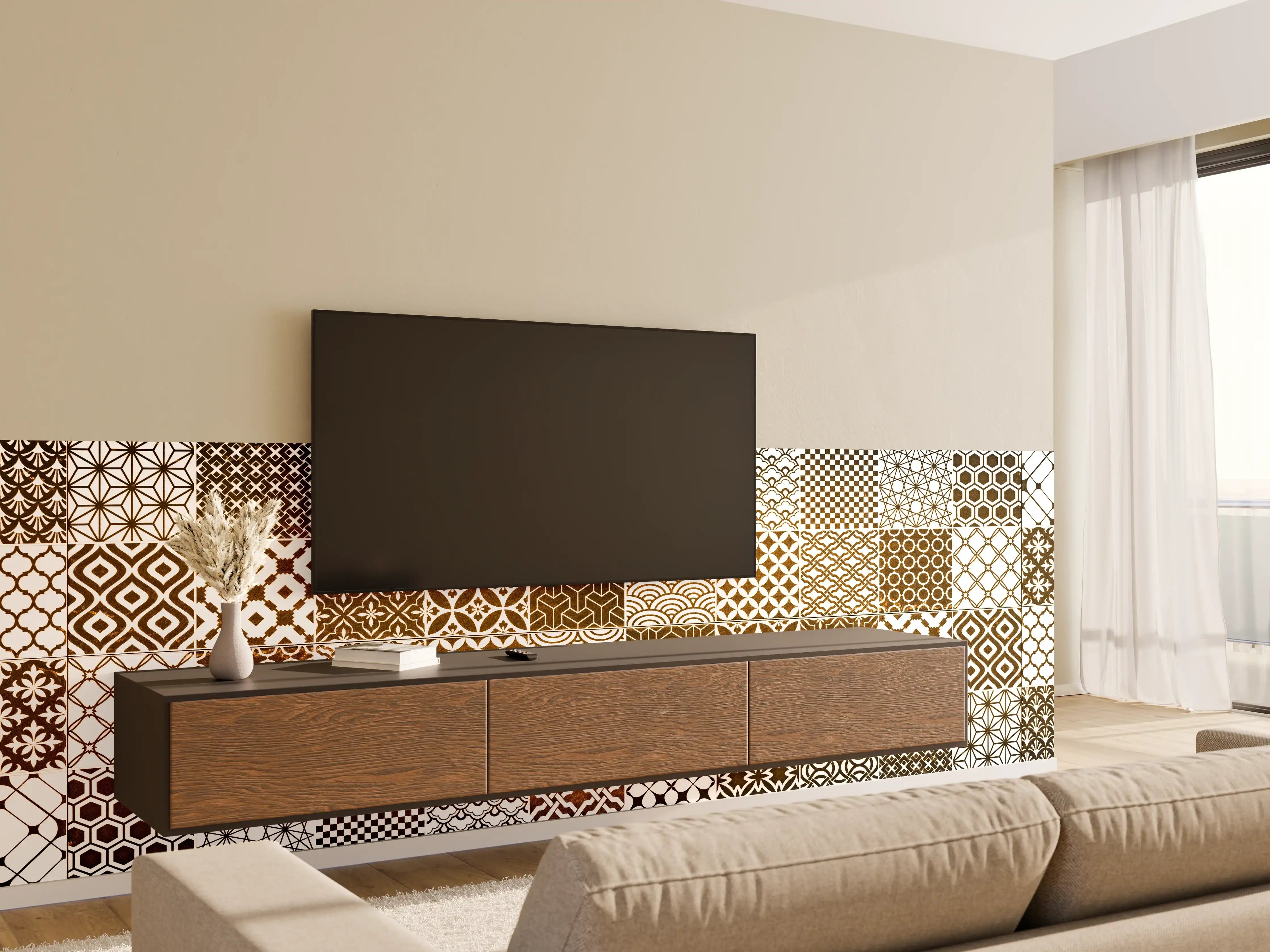 Wandverkleidung Wohnzimmer - Braun-Beige geometrisch Mosaik