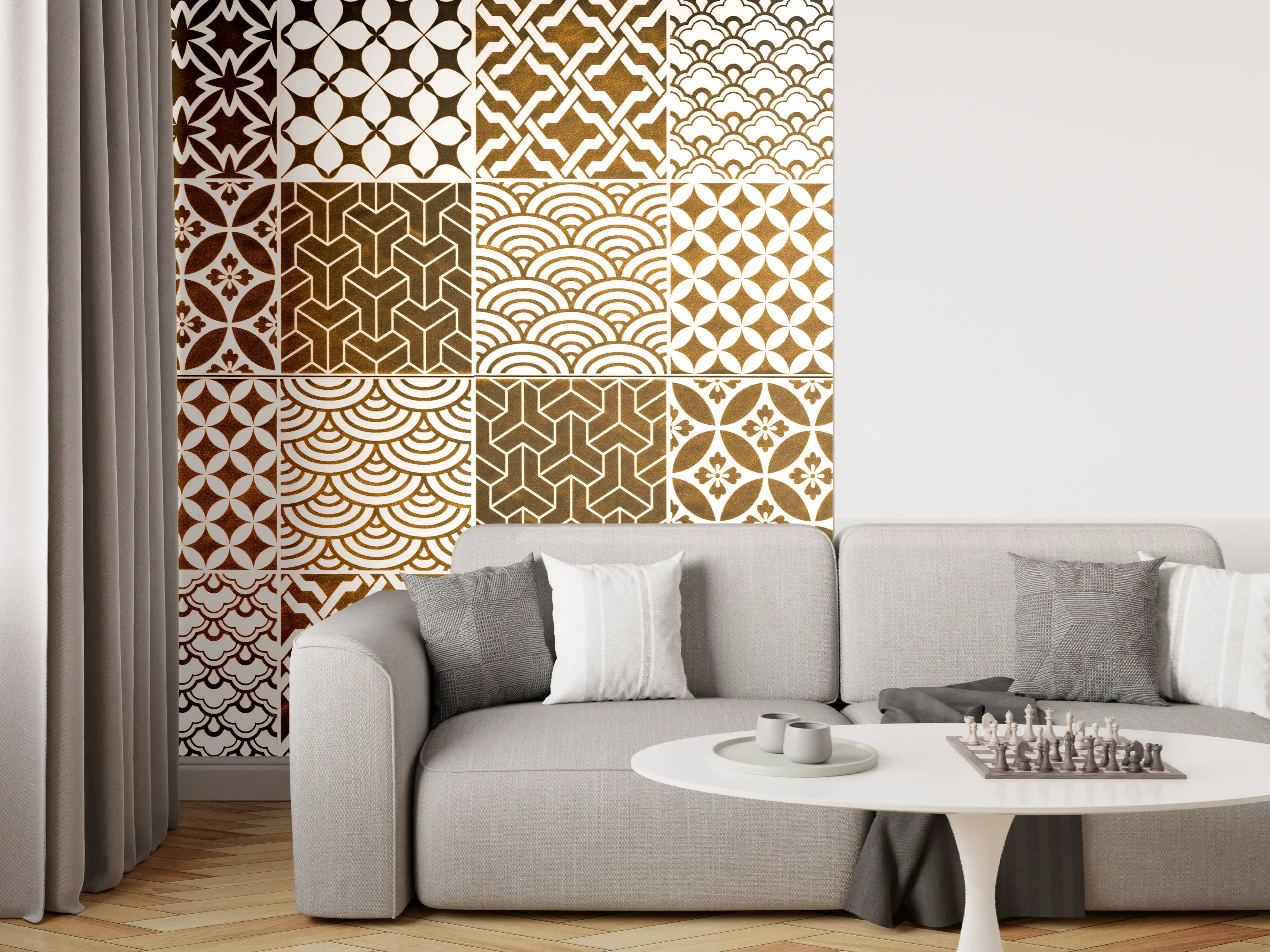 Wandverkleidung Wohnzimmer - Braun-Beige geometrisch Mosaik