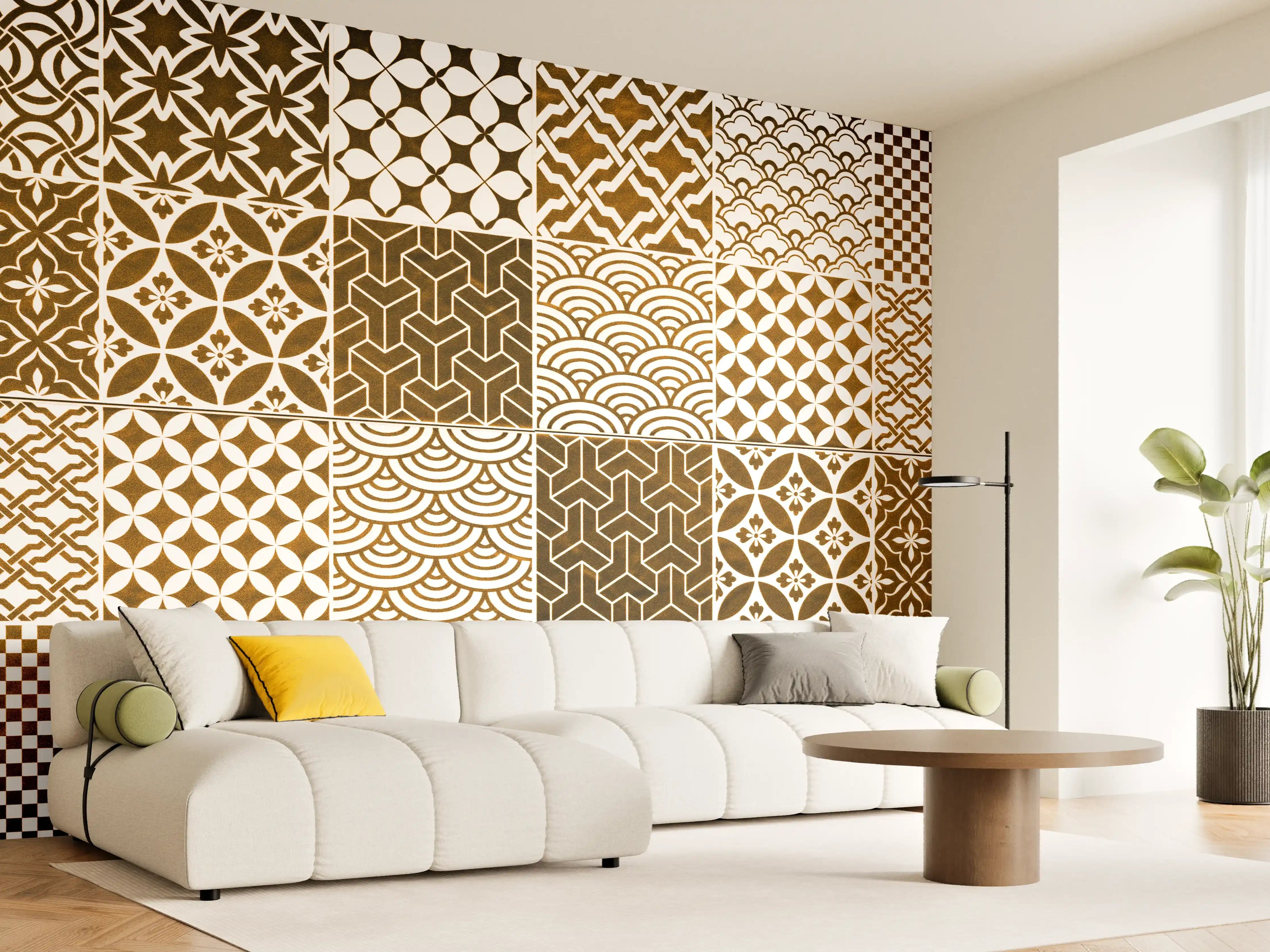 Wandverkleidung Wohnzimmer - Braun-Beige geometrisch Mosaik