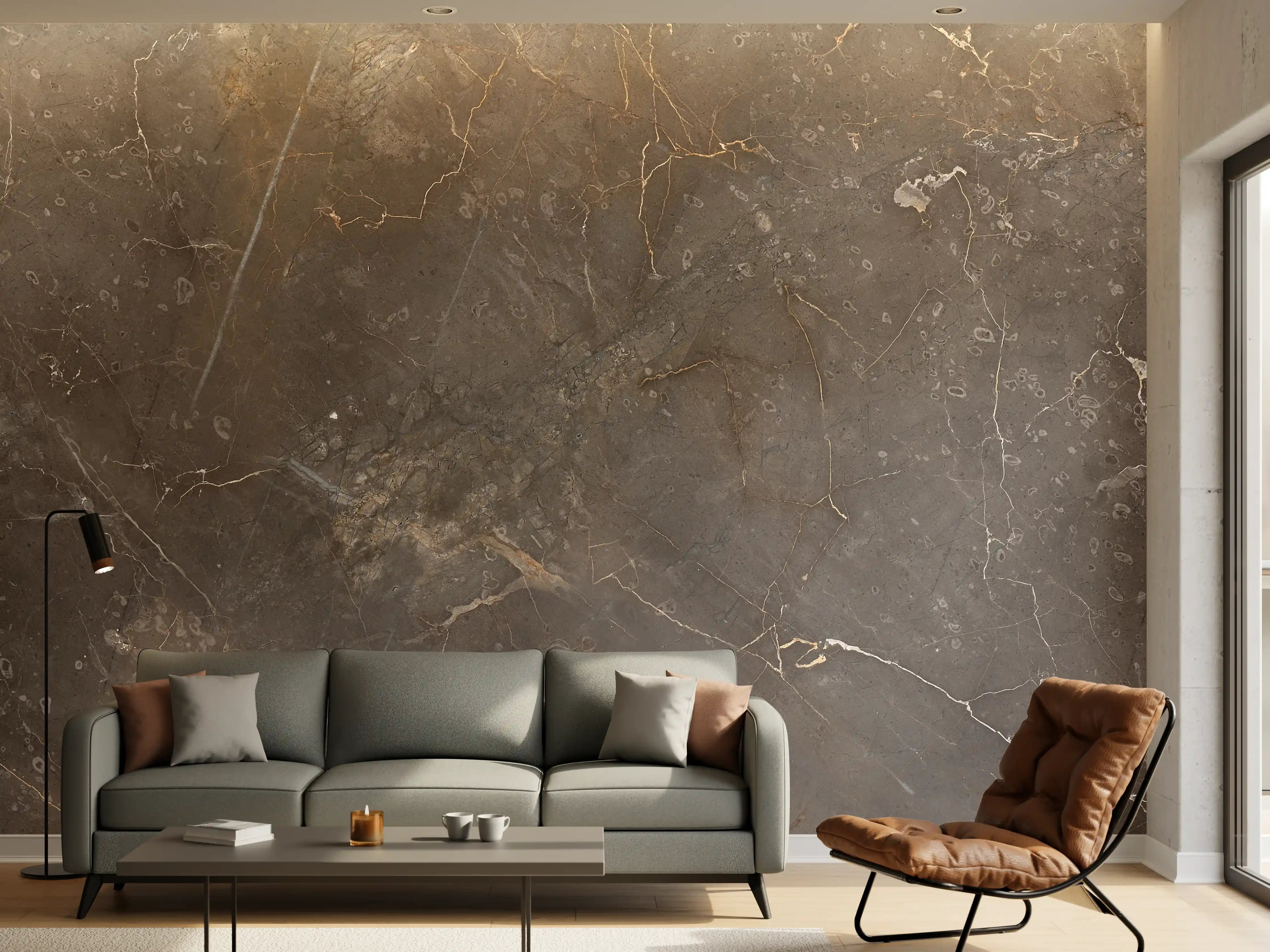 Wandverkleidung Wohnzimmer - Braun-Grauer Marmor mit Adern