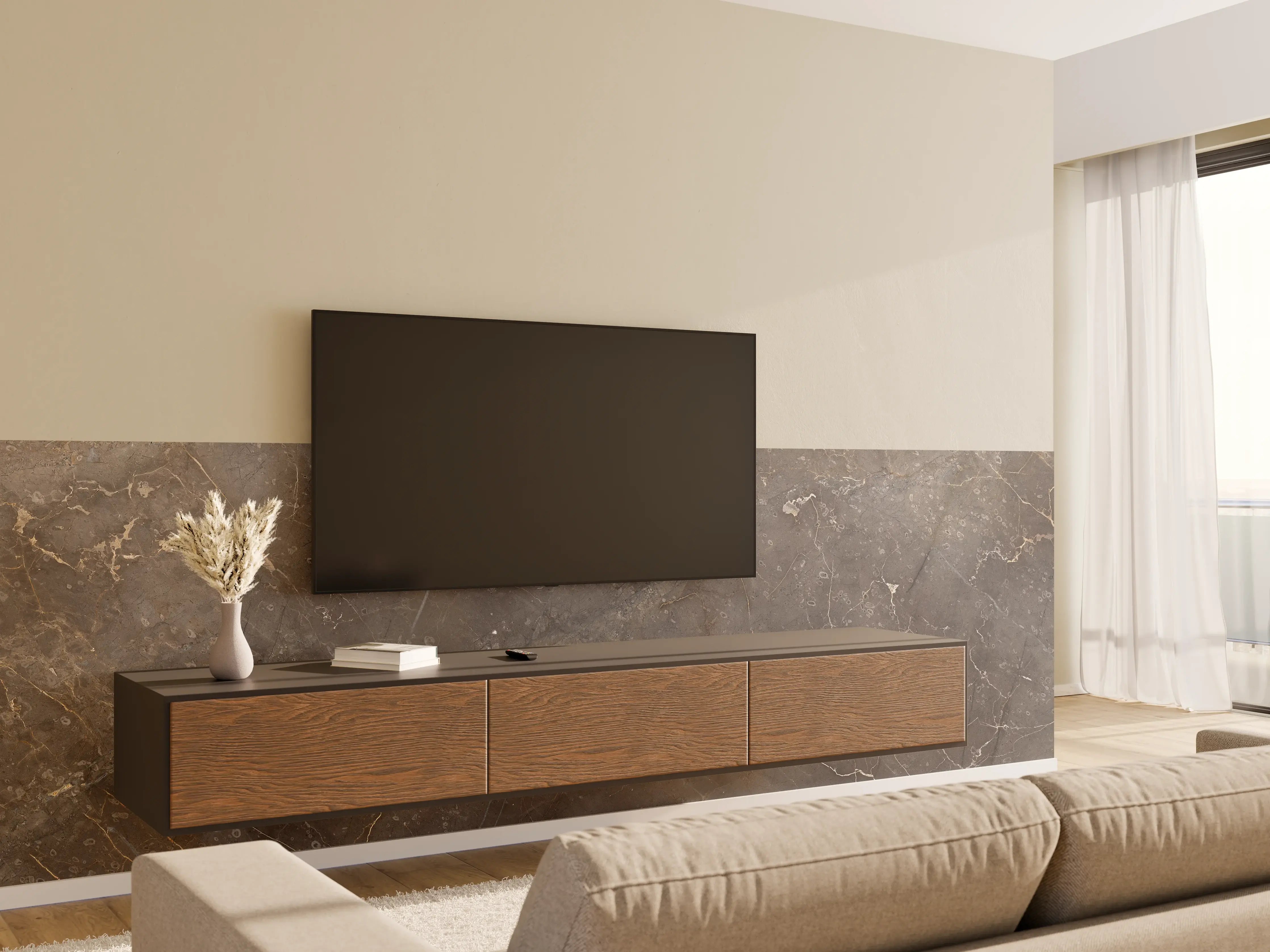 Wandverkleidung Wohnzimmer - Braun-Grauer Marmor mit Adern