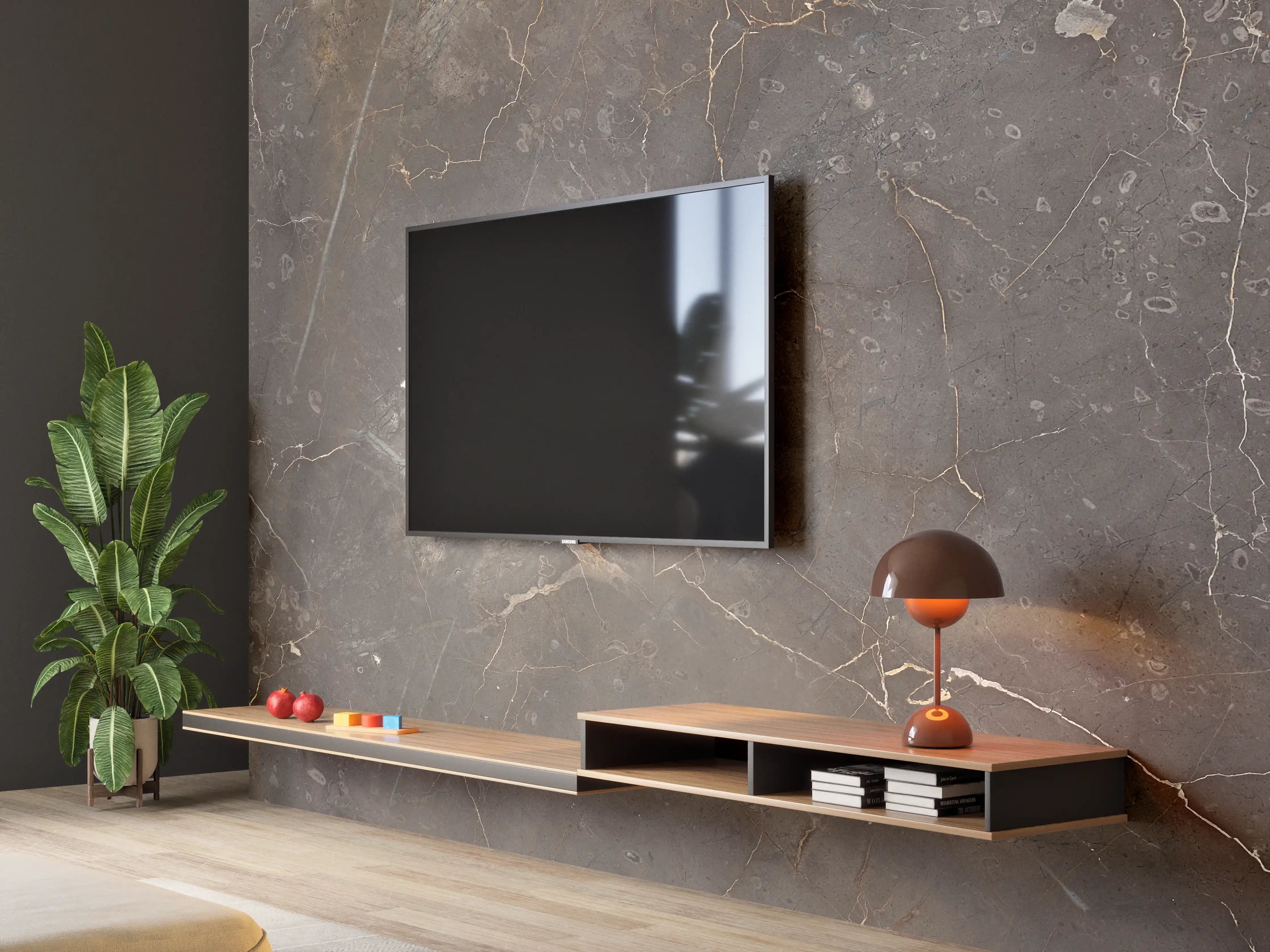 Wandverkleidung Wohnzimmer - Braun-Grauer Marmor mit Adern