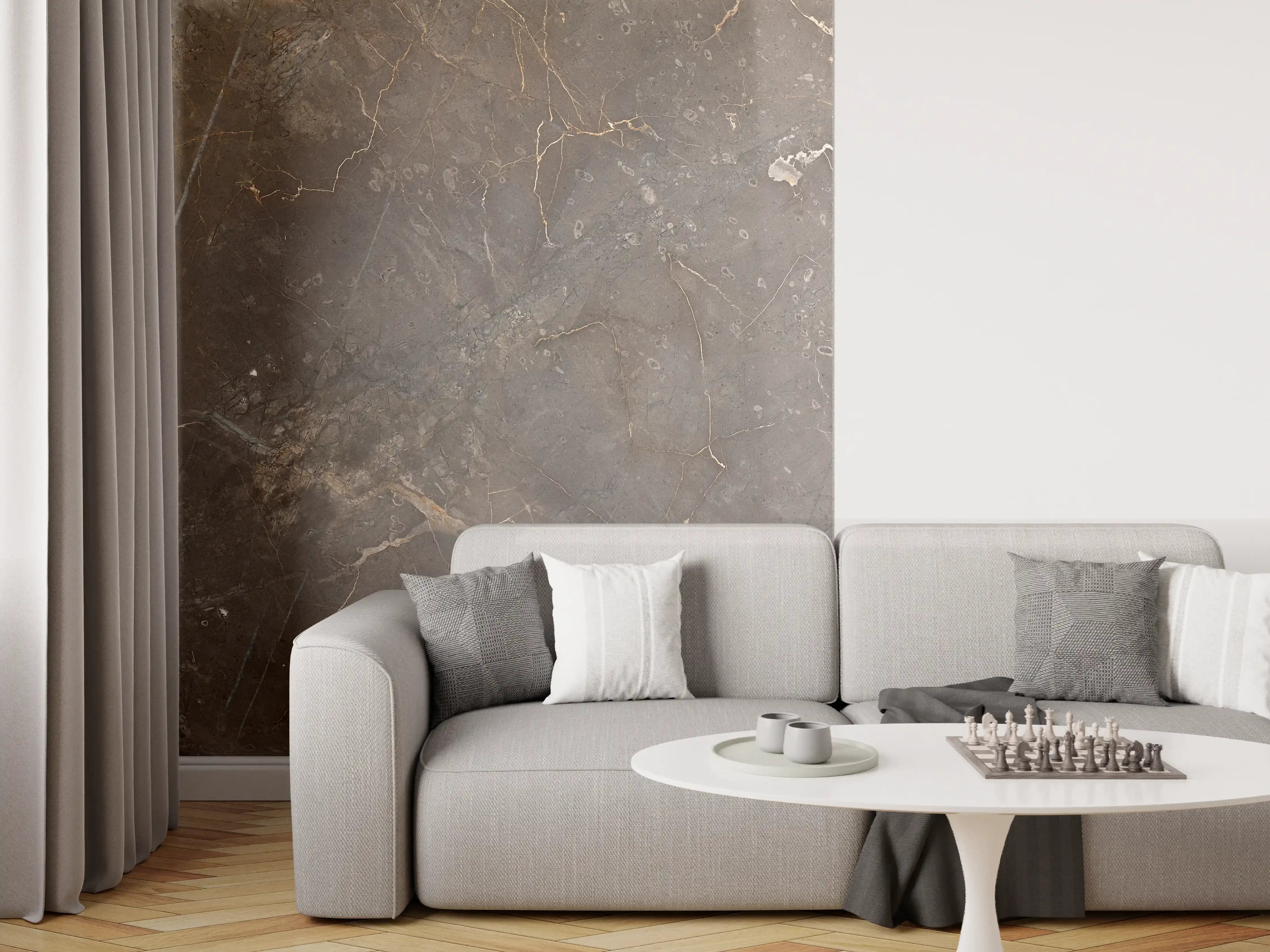 Wandverkleidung Wohnzimmer - Braun-Grauer Marmor mit Adern