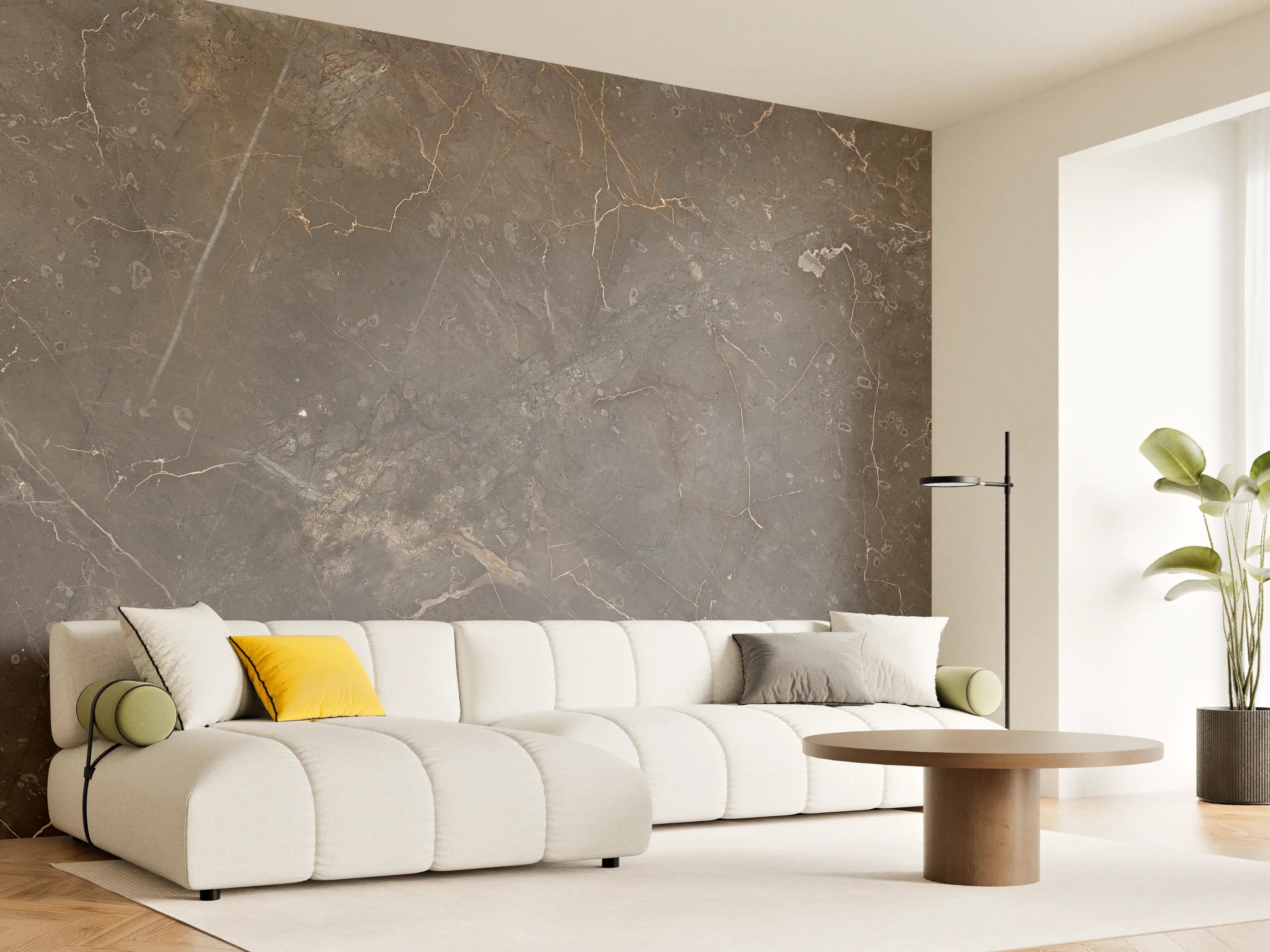Wandverkleidung Wohnzimmer - Braun-Grauer Marmor mit Adern