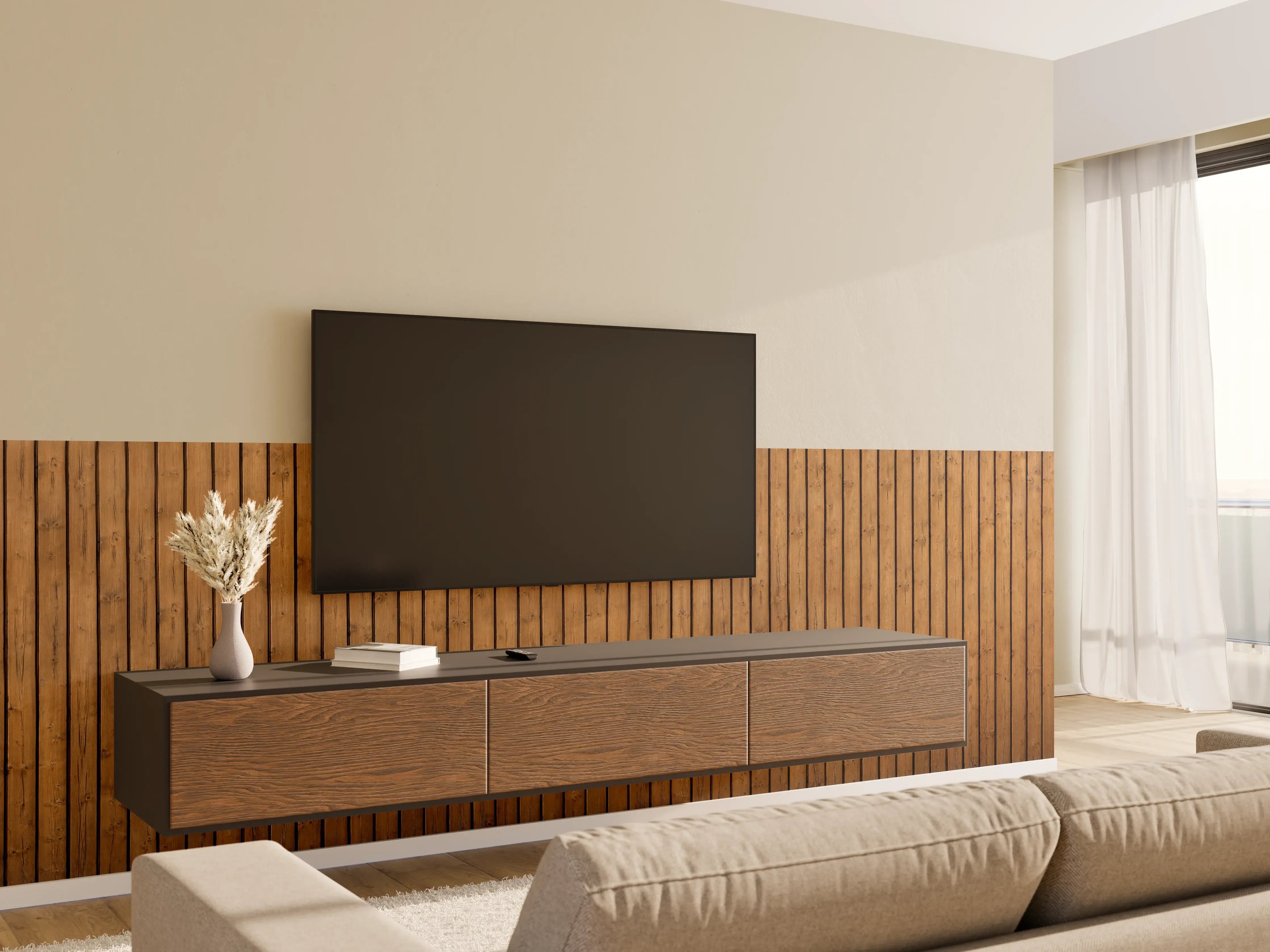 Wandverkleidung Wohnzimmer - Braune vertikale Holzdielen