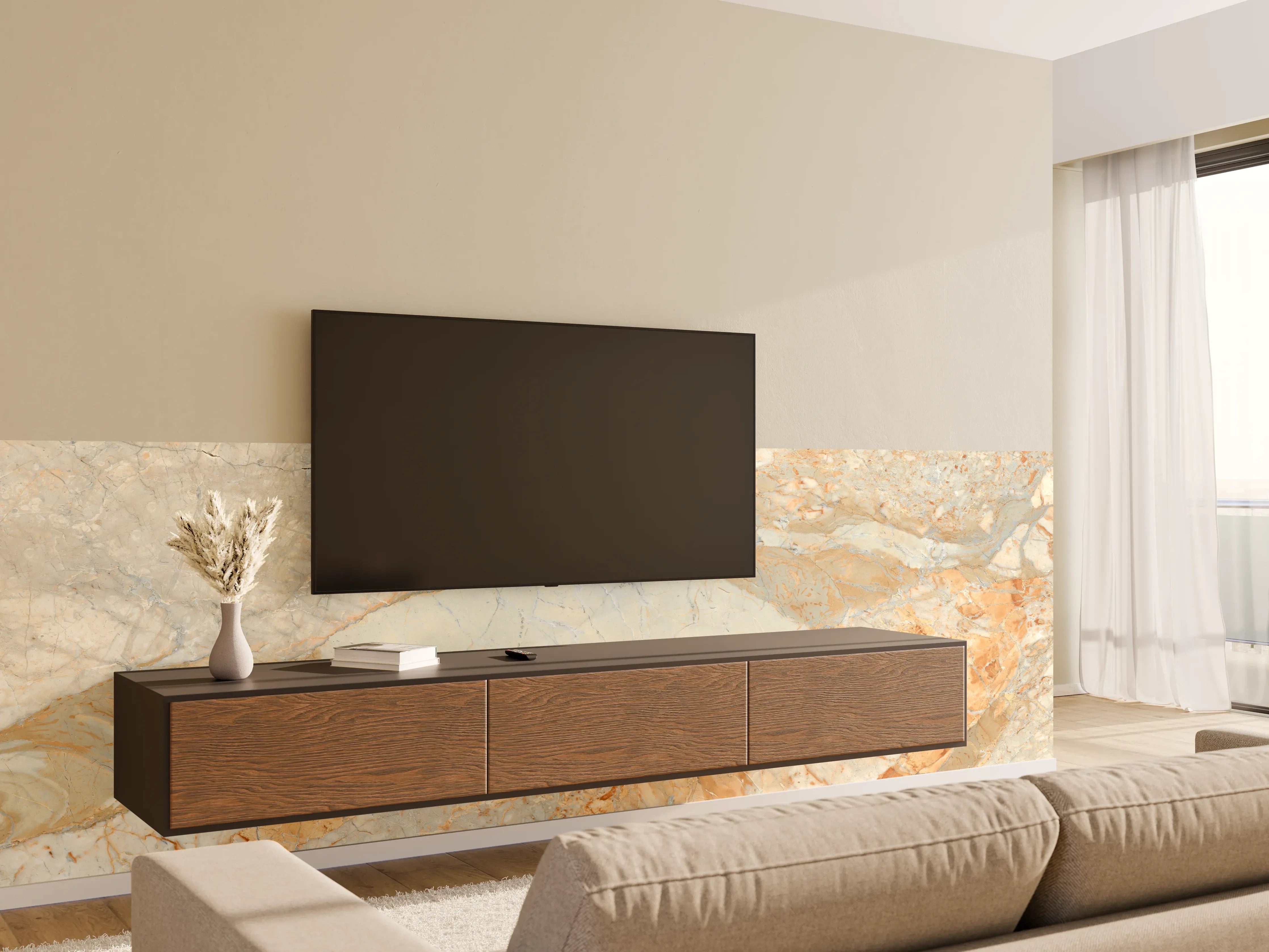 Wandverkleidung Wohnzimmer - Brauner Marmor mit Adern