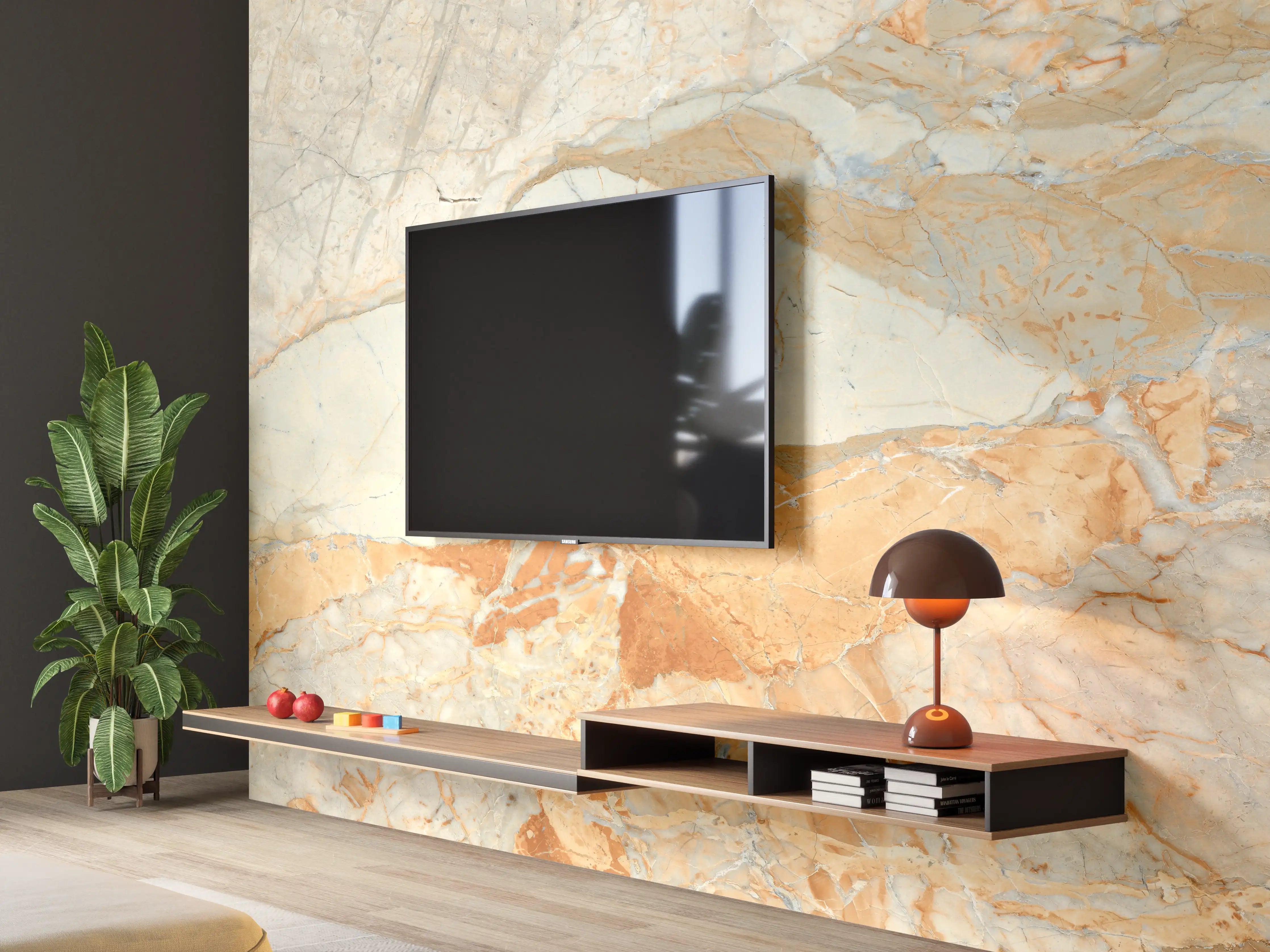 Wandverkleidung Wohnzimmer - Brauner Marmor mit Adern