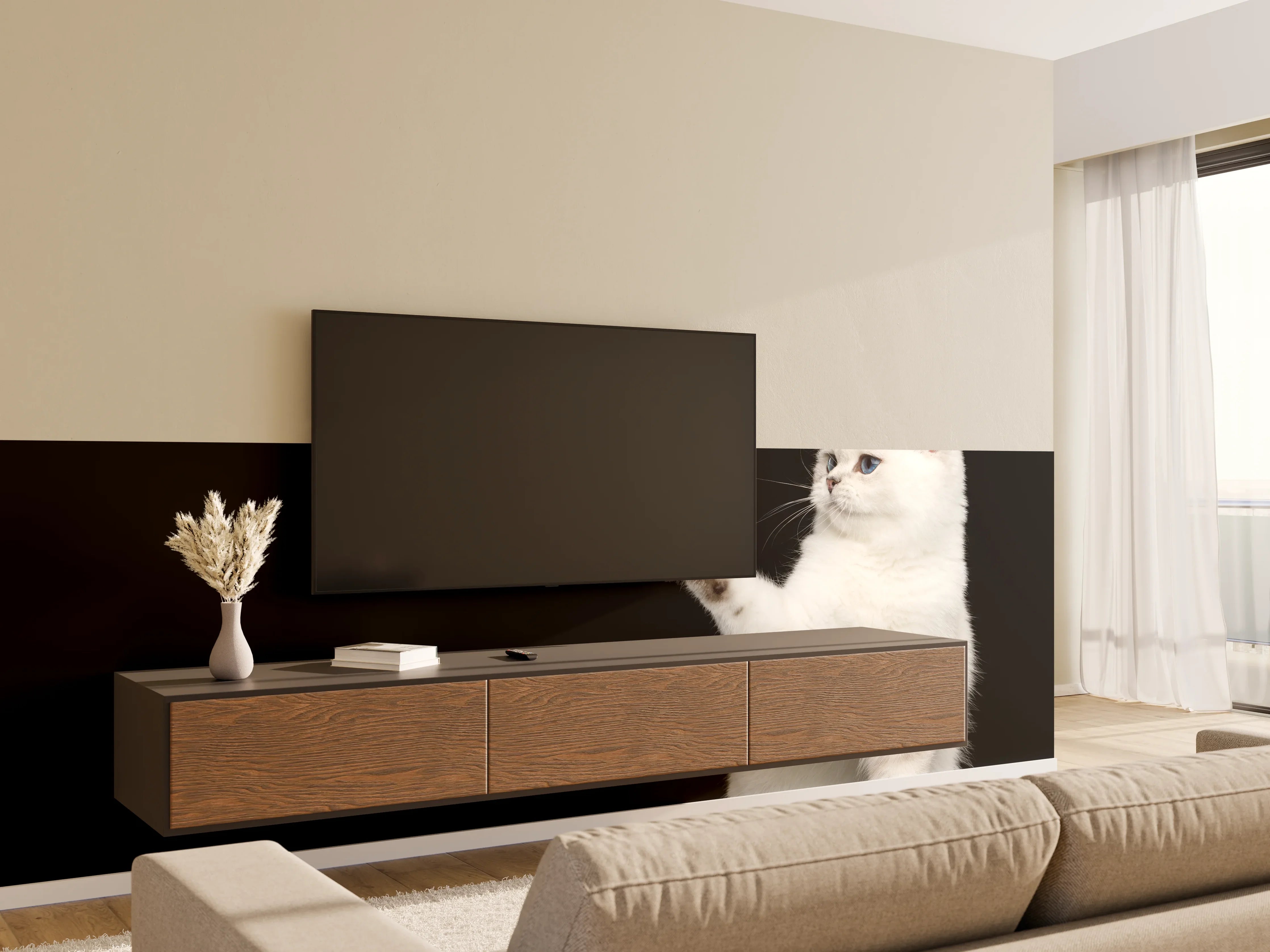 Wandverkleidung Wohnzimmer - British weiße Katze