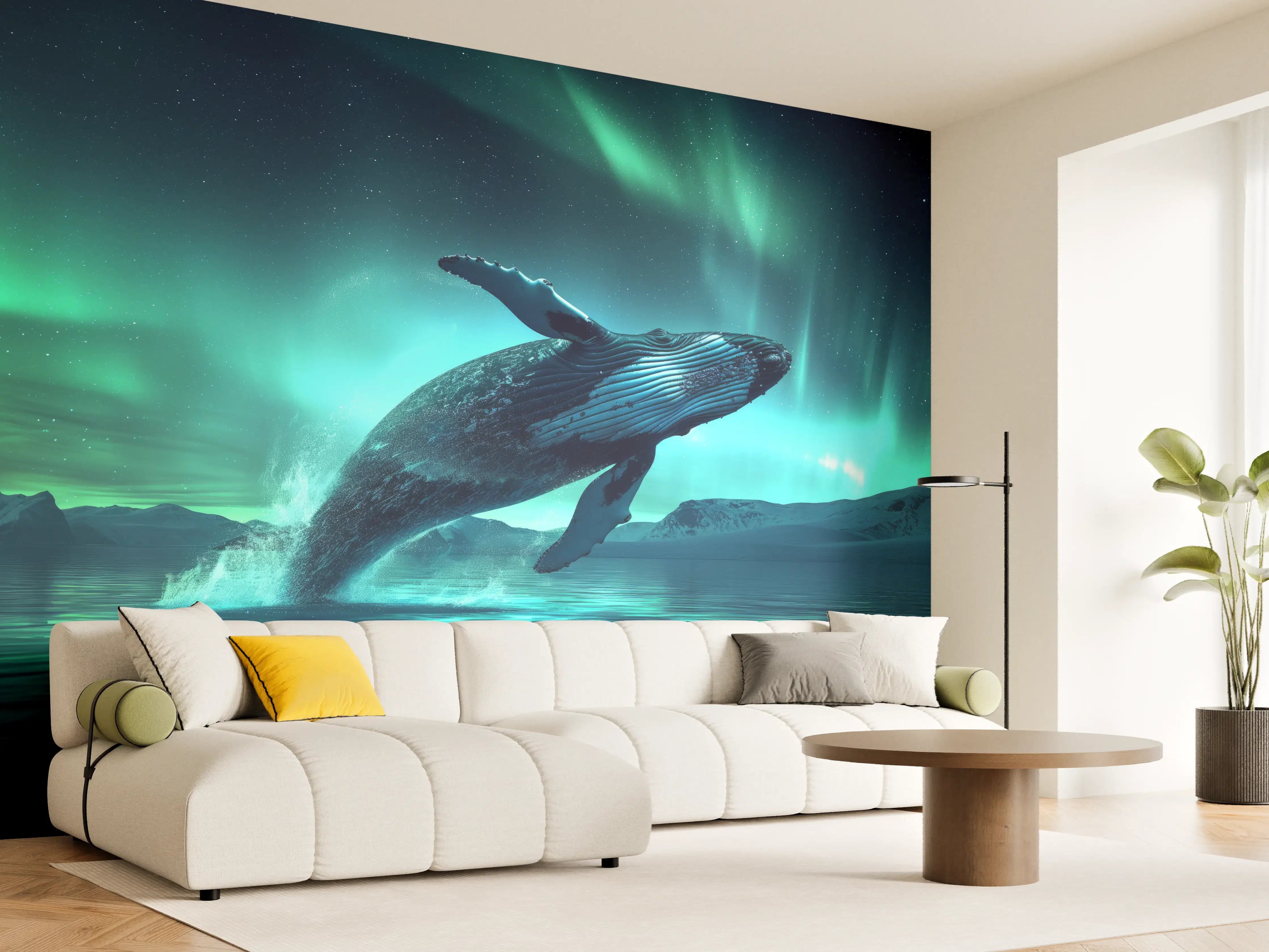 Wandverkleidung Wohnzimmer - Buckelwal unter Nordlicht Türkis