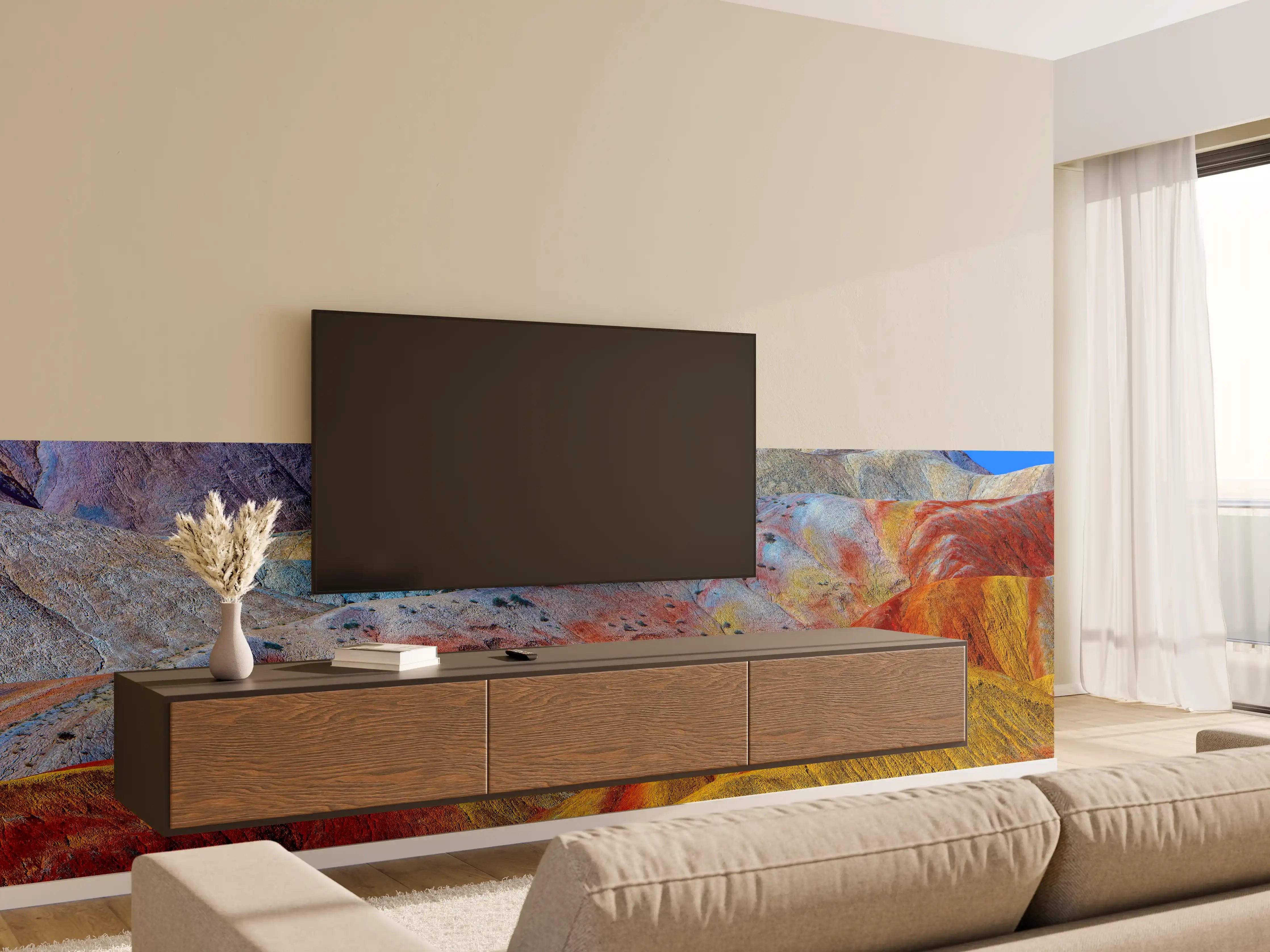 Wandverkleidung Wohnzimmer - Bunte Berglandschaft unter klarem Himmel