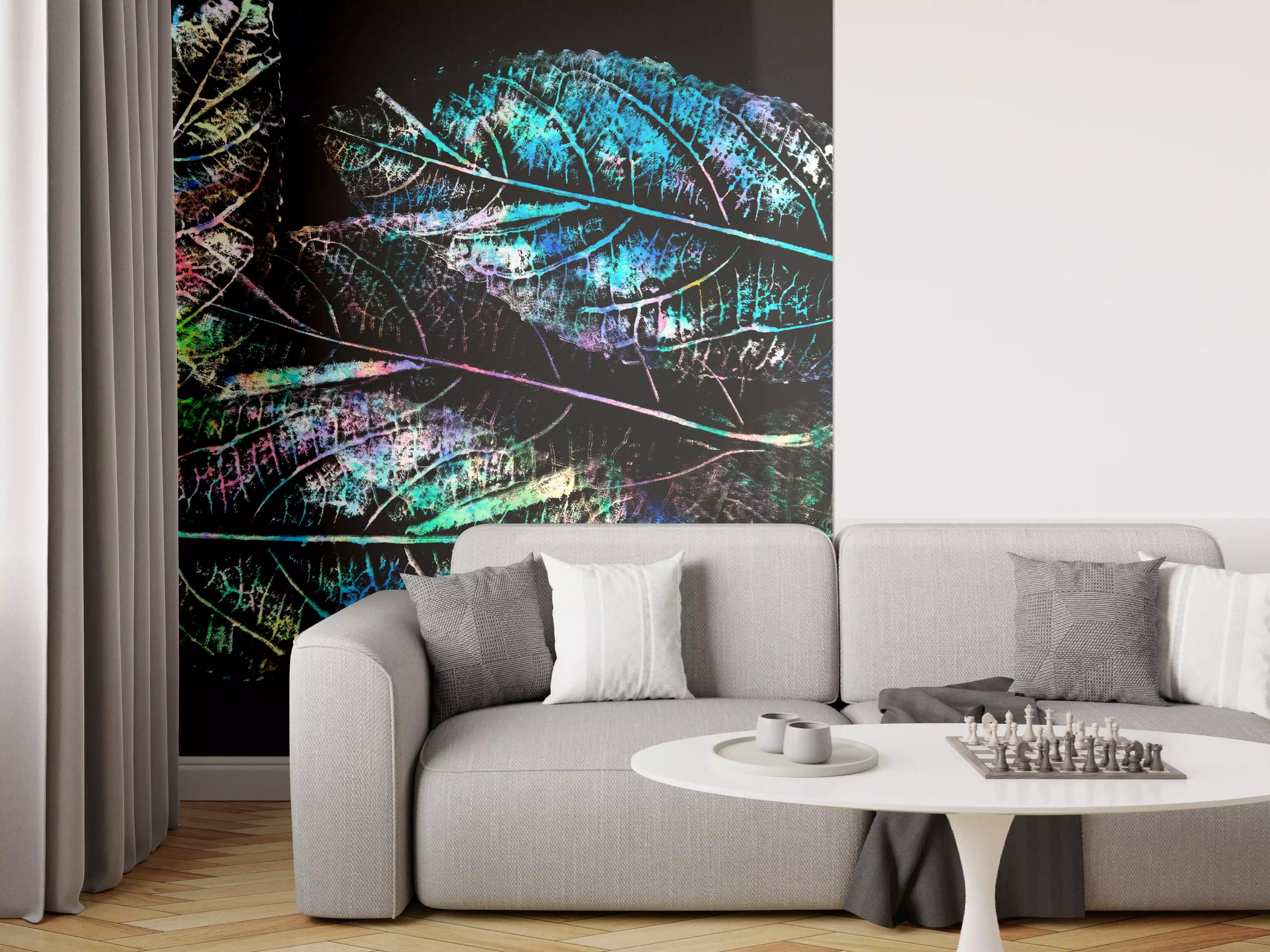 Wandverkleidung Wohnzimmer - Bunte Blätter im Neon-Licht
