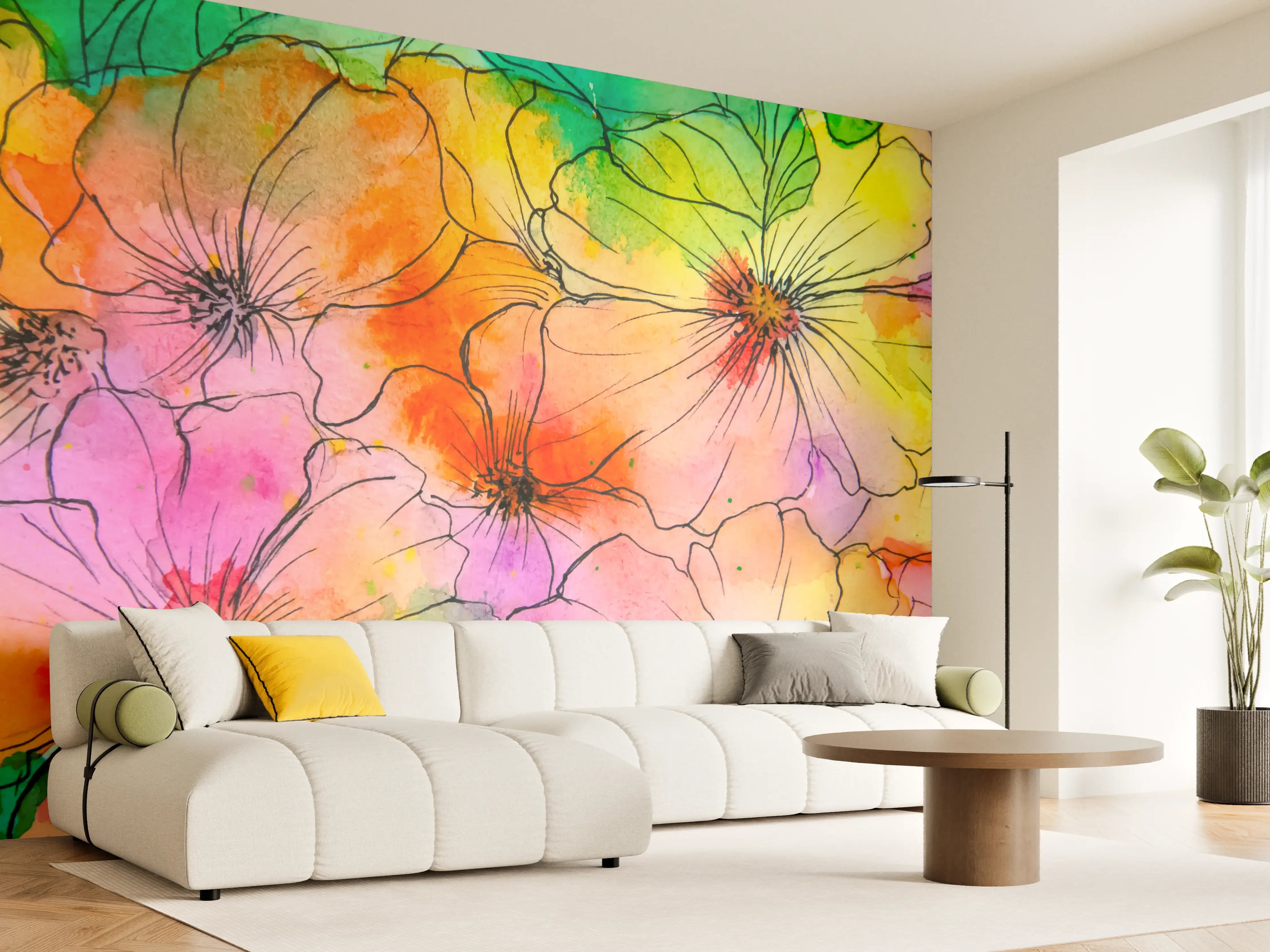 Wandverkleidung Wohnzimmer - Bunte Blumen watercolor