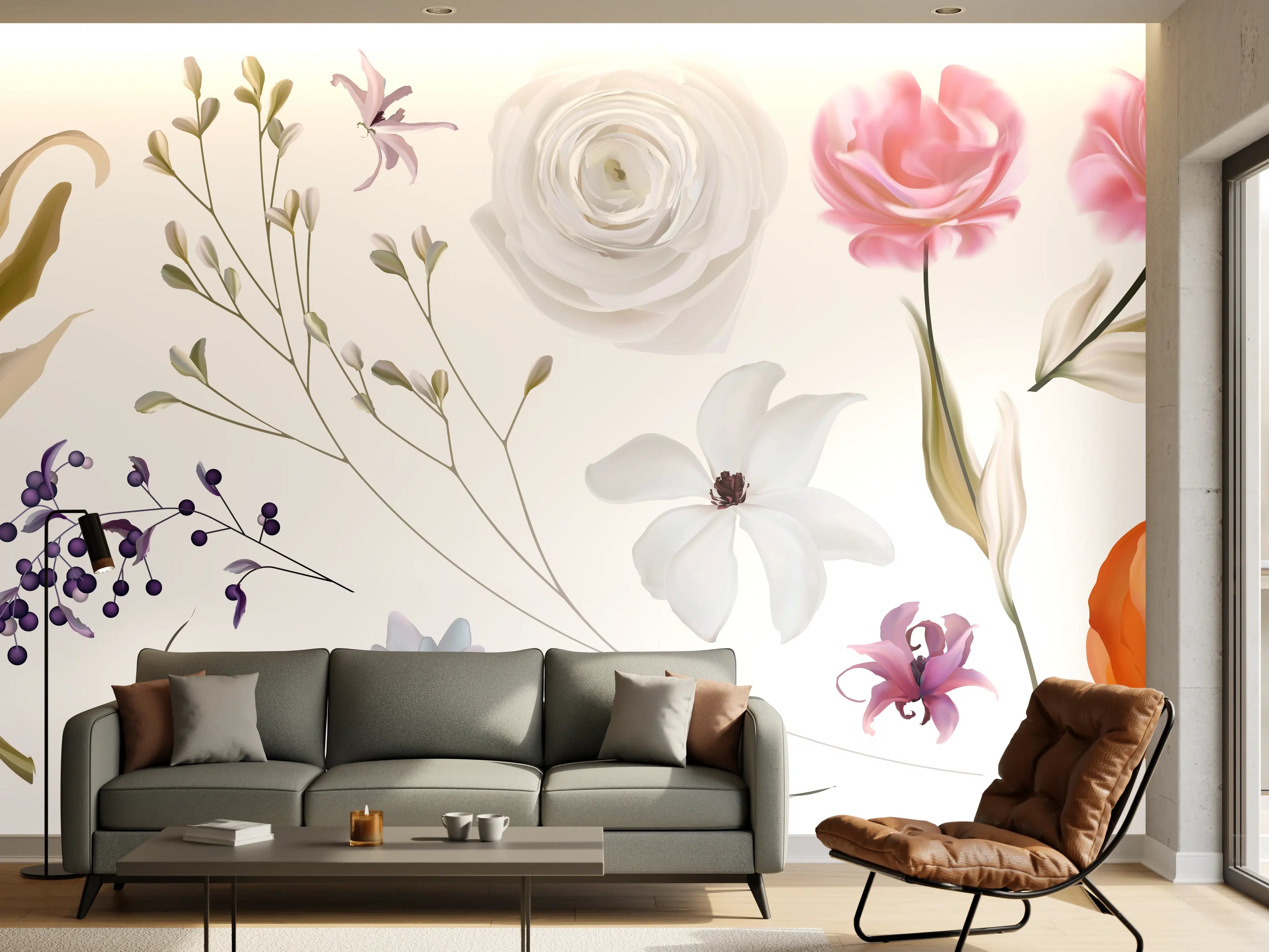 Wandverkleidung Wohnzimmer - Bunte Blumenillustrationen Set