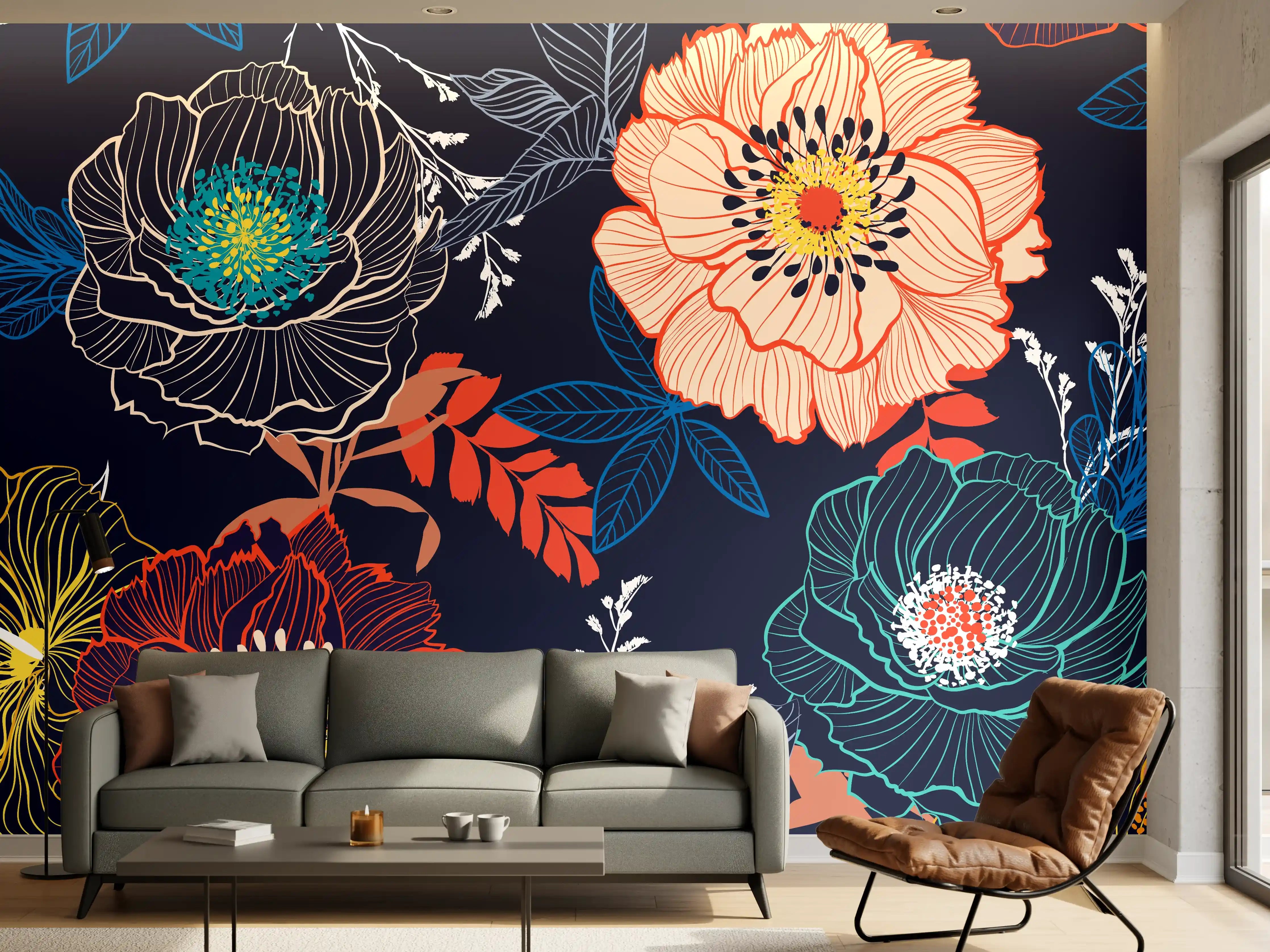 Wandverkleidung Wohnzimmer - Bunte Blumenkunst